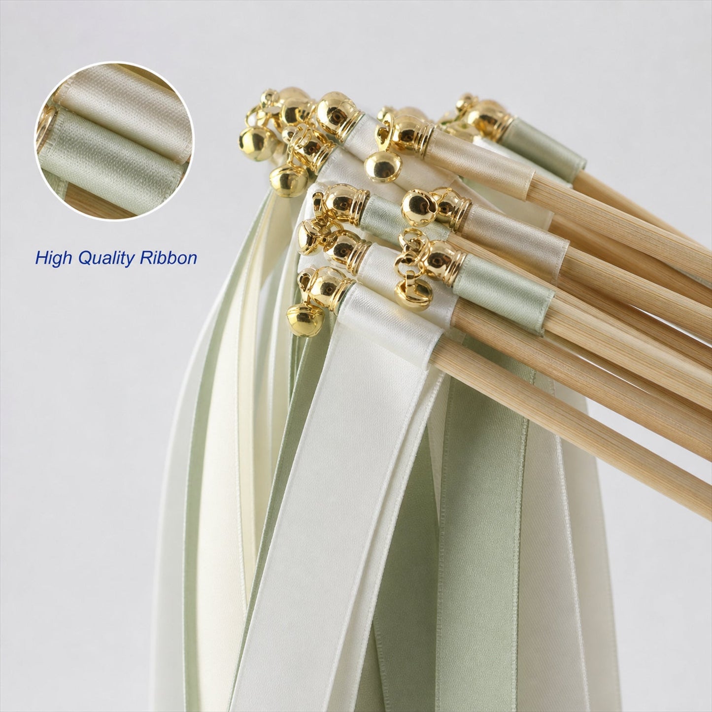 Handmade Sage & Ivory Satin Wedding Ribbon Wands with Bell