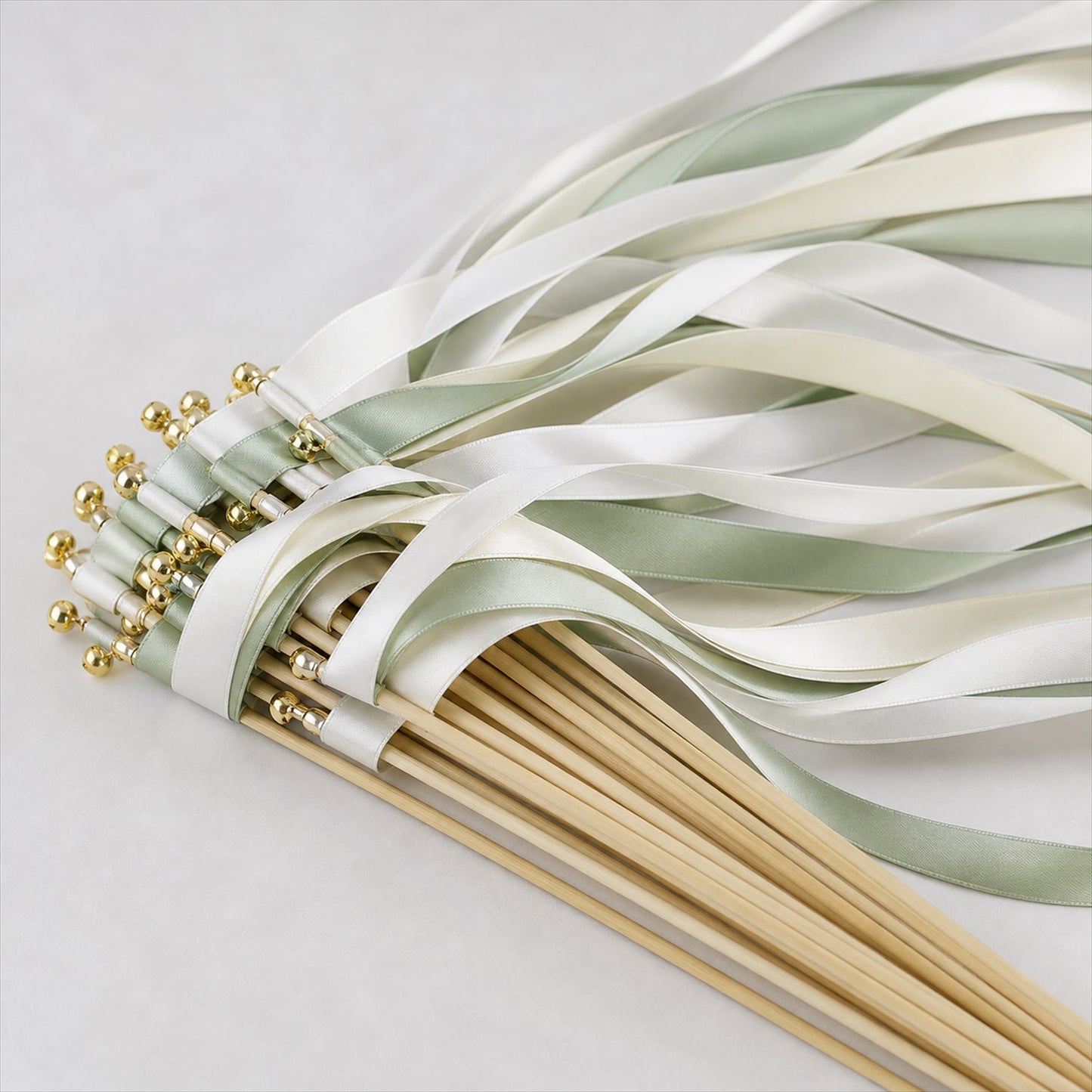 Handmade Sage & Ivory Satin Wedding Ribbon Wands with Bell