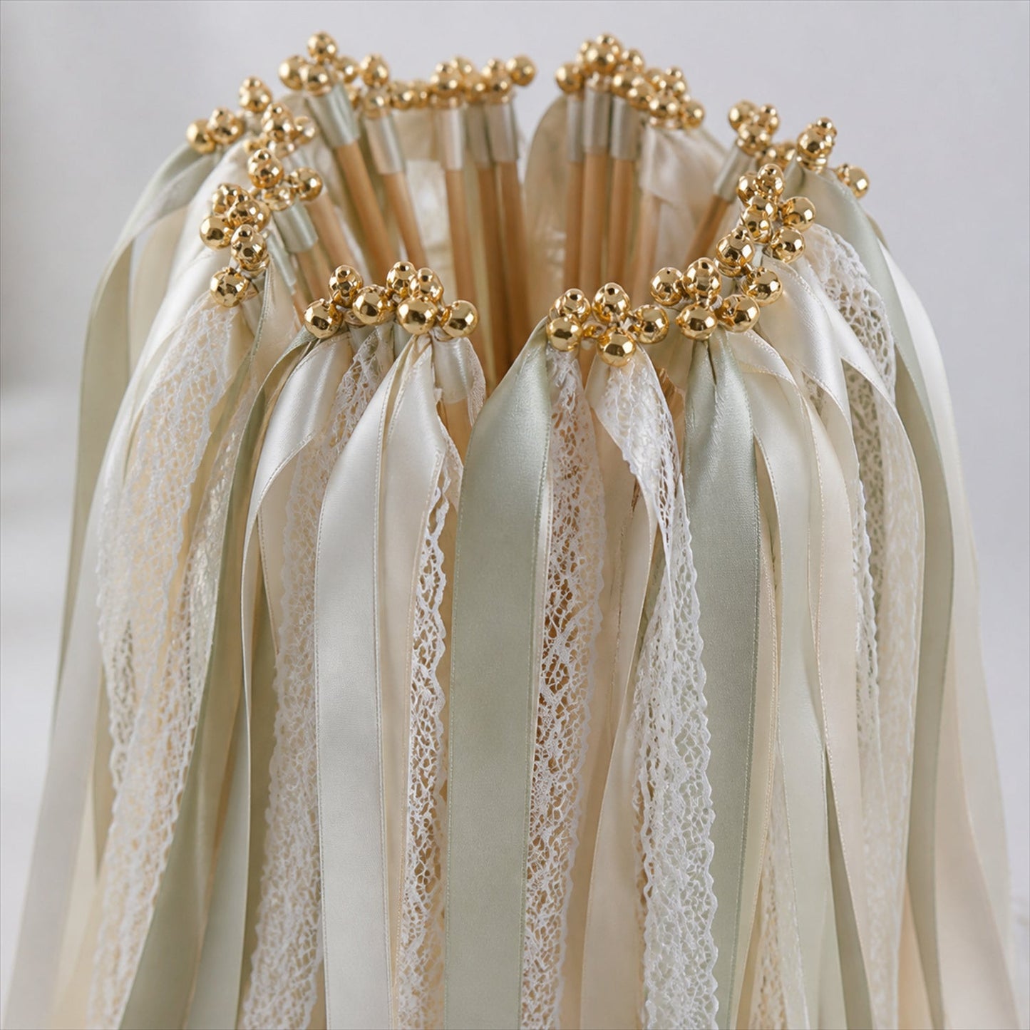 Handmade Sage, Champagne & Ivory Satin & Lace Wedding Ribbon Wands with Bell
