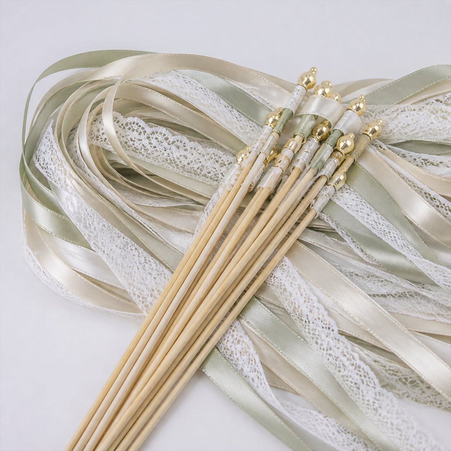 Handmade Sage, Champagne & Ivory Satin & Lace Wedding Ribbon Wands with Bell