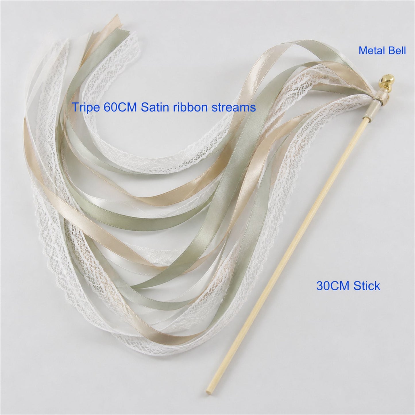 Handmade Sage, Champagne & Ivory Satin & Lace Wedding Ribbon Wands with Bell