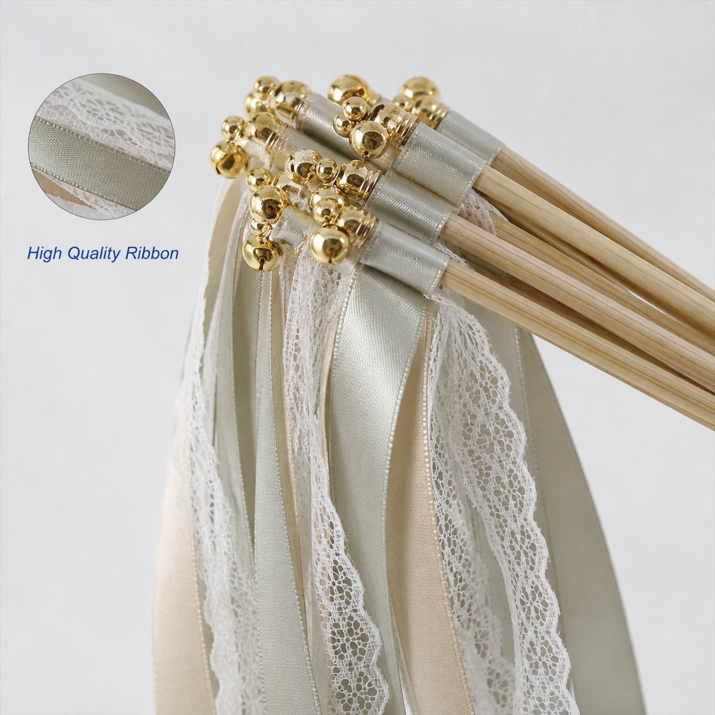 Handmade Sage, Champagne & Ivory Satin & Lace Wedding Ribbon Wands with Bell