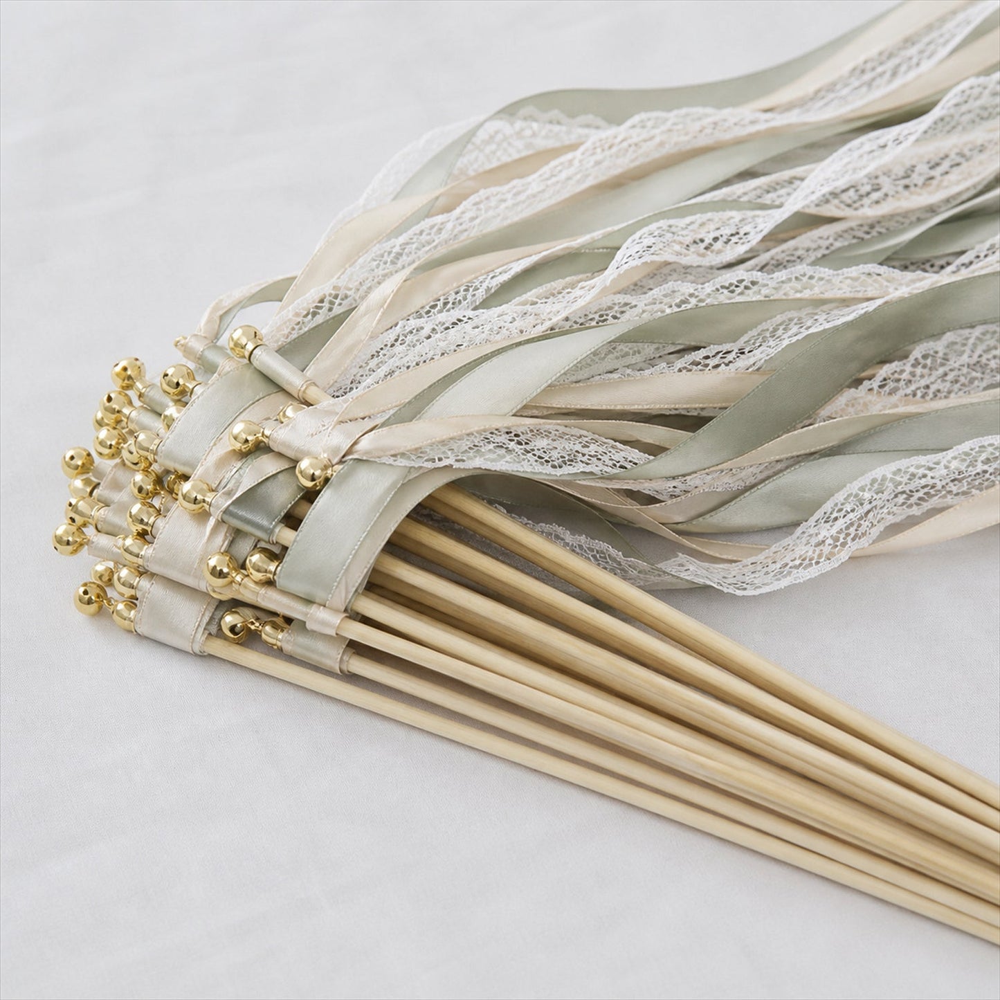 Handmade Sage, Champagne & Ivory Satin & Lace Wedding Ribbon Wands with Bell