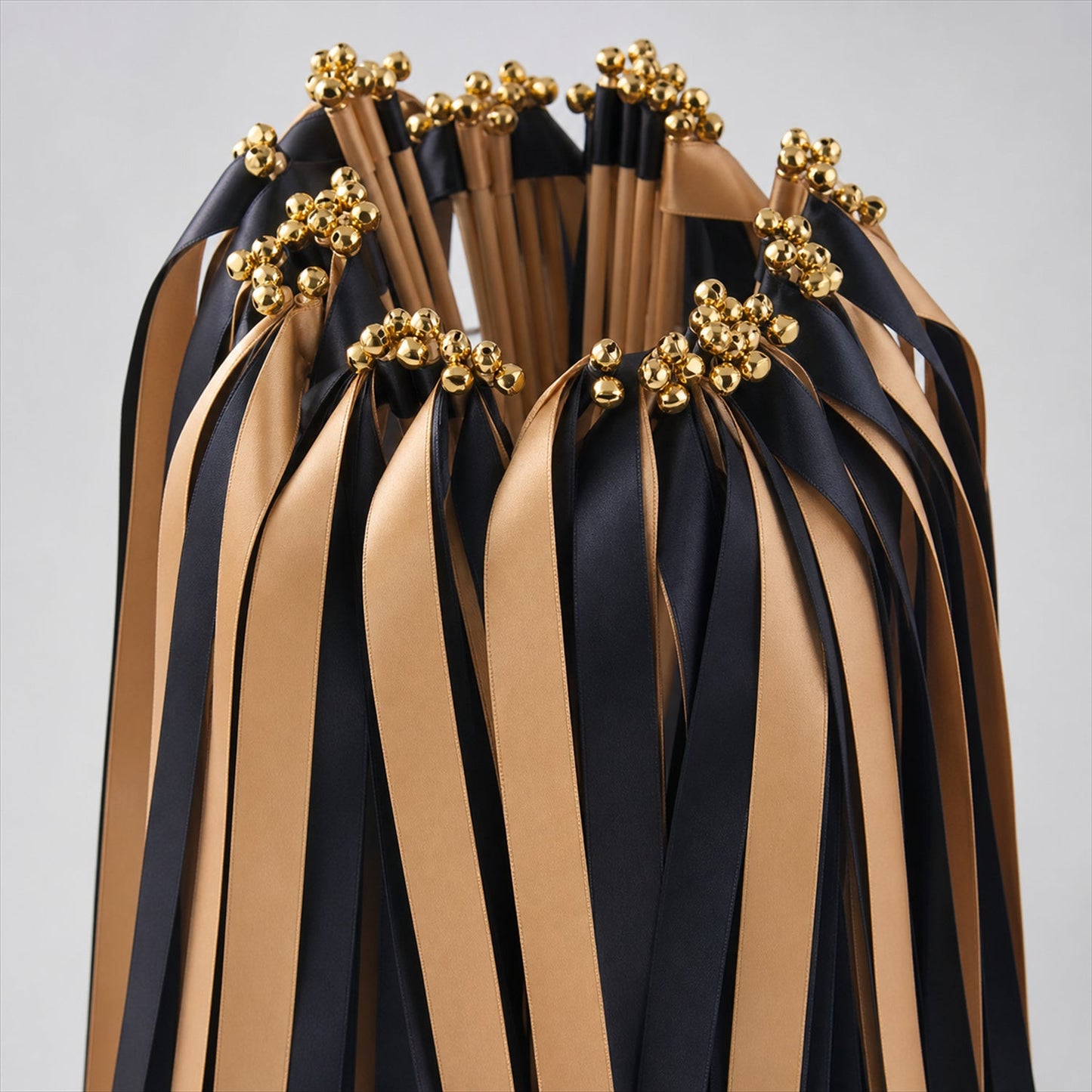 Handmade Black & Champagne Satin Wedding Ribbon Wands with Bell