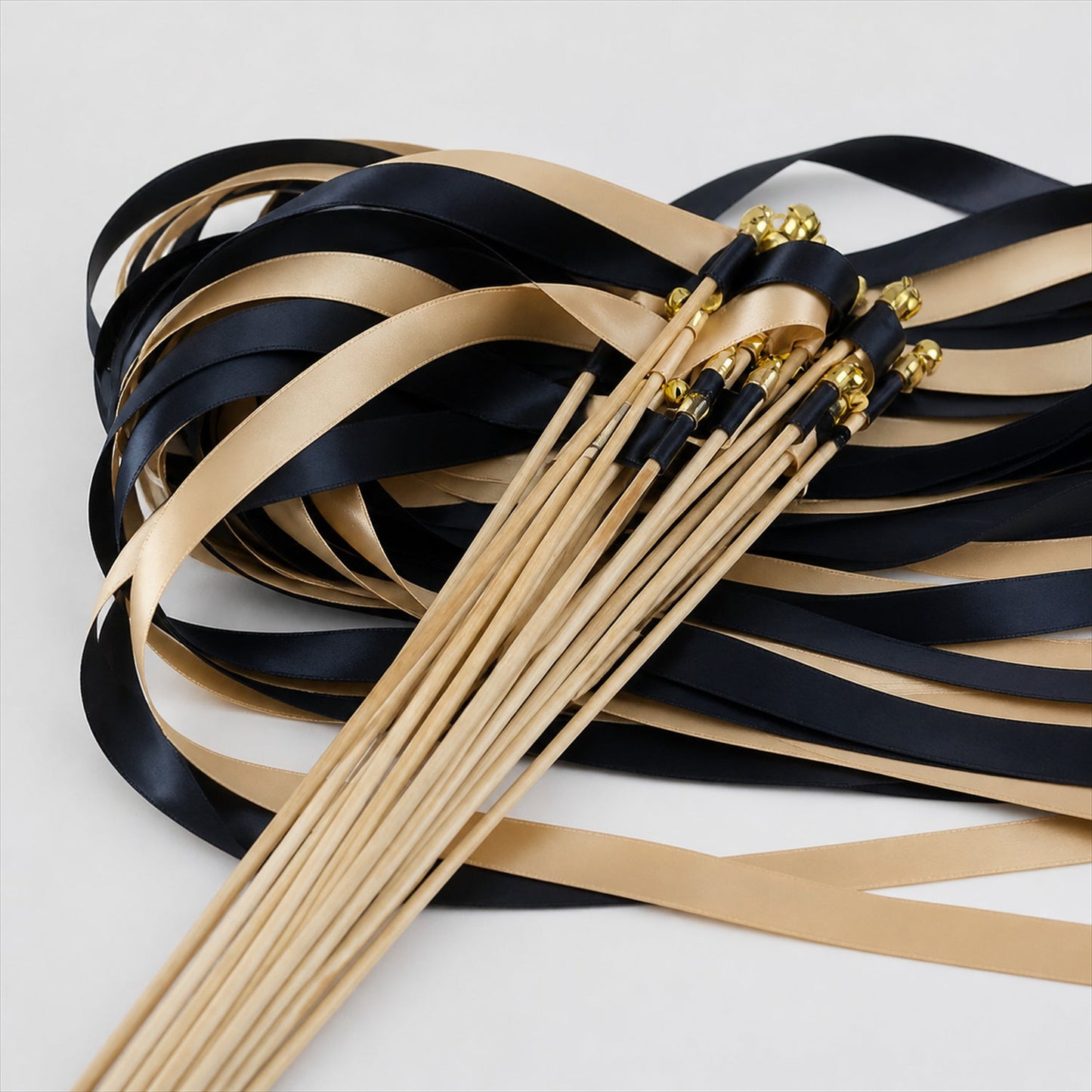 Handmade Black & Champagne Satin Wedding Ribbon Wands with Bell