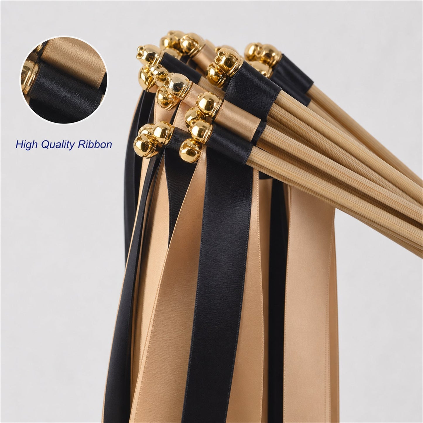 Handmade Black & Champagne Satin Wedding Ribbon Wands with Bell