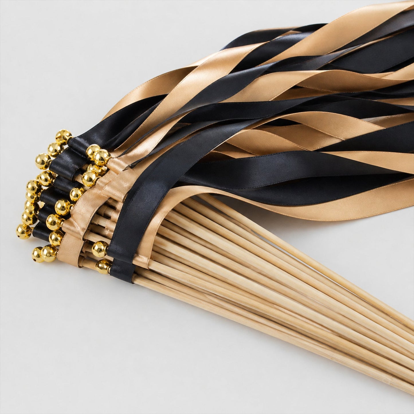 Handmade Black & Champagne Satin Wedding Ribbon Wands with Bell