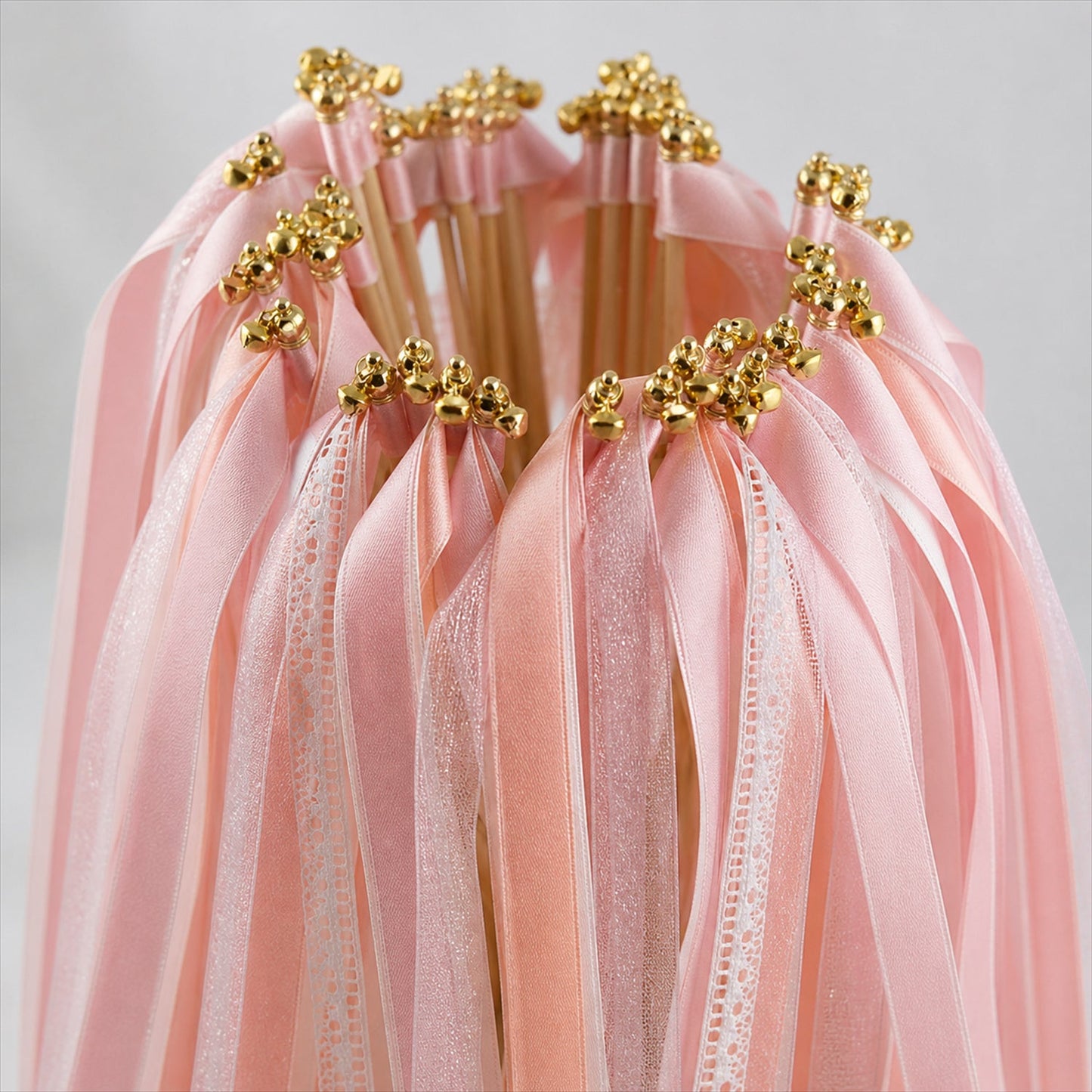 Handmade Blush, Ivory & White Satin, Lace & Organza Wedding Ribbon Wands with Bell