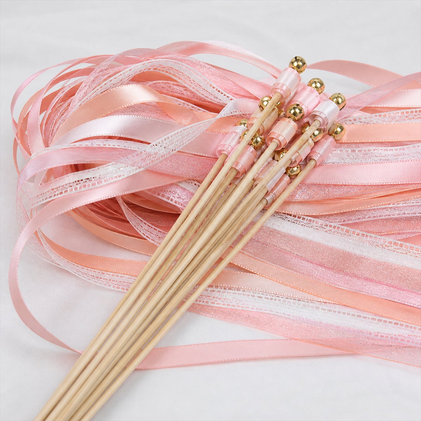 Handmade Blush, Ivory & White Satin, Lace & Organza Wedding Ribbon Wands with Bell