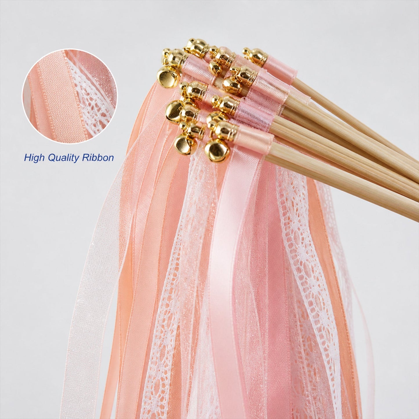 Handmade Blush, Ivory & White Satin, Lace & Organza Wedding Ribbon Wands with Bell