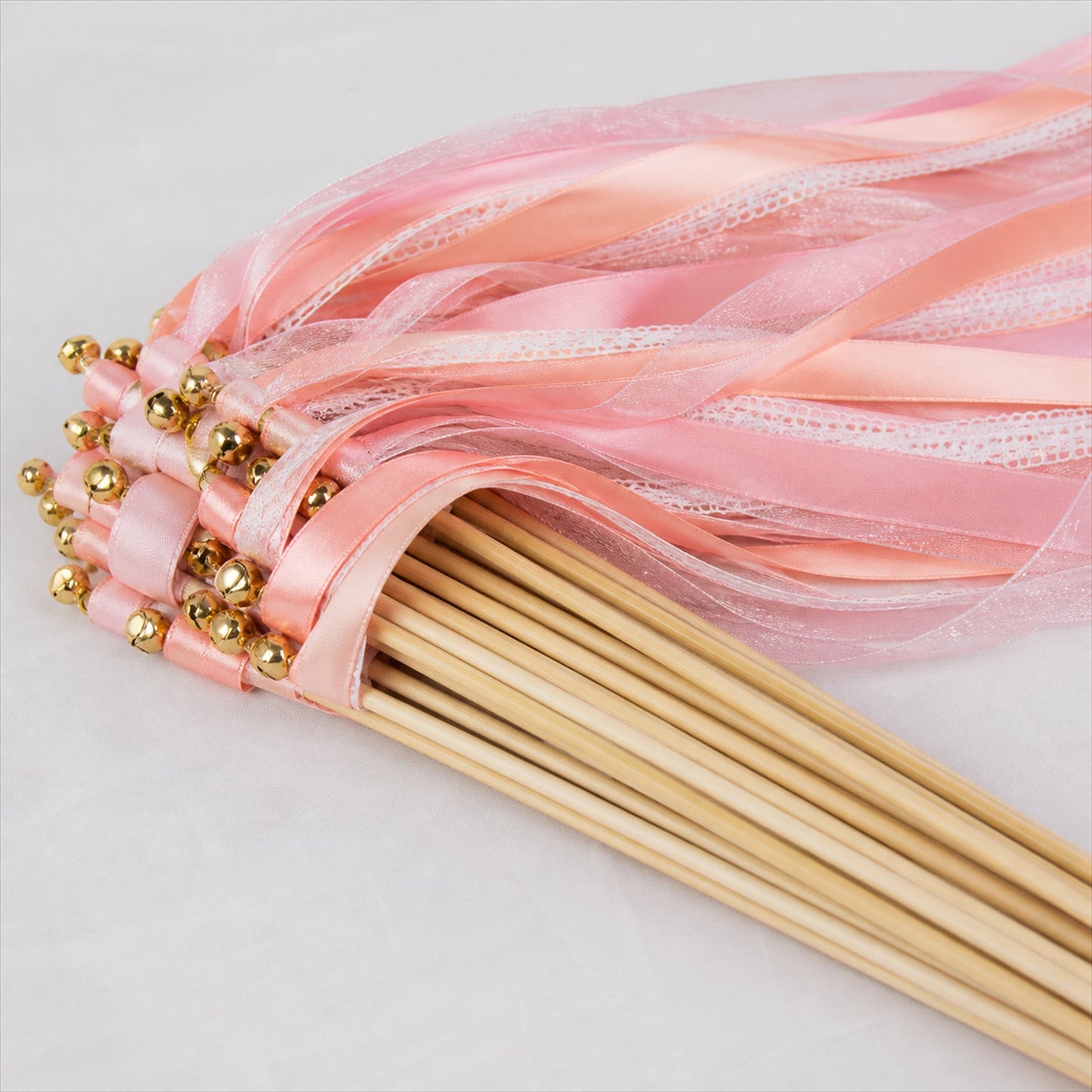 Handmade Blush, Ivory & White Satin, Lace & Organza Wedding Ribbon Wands with Bell