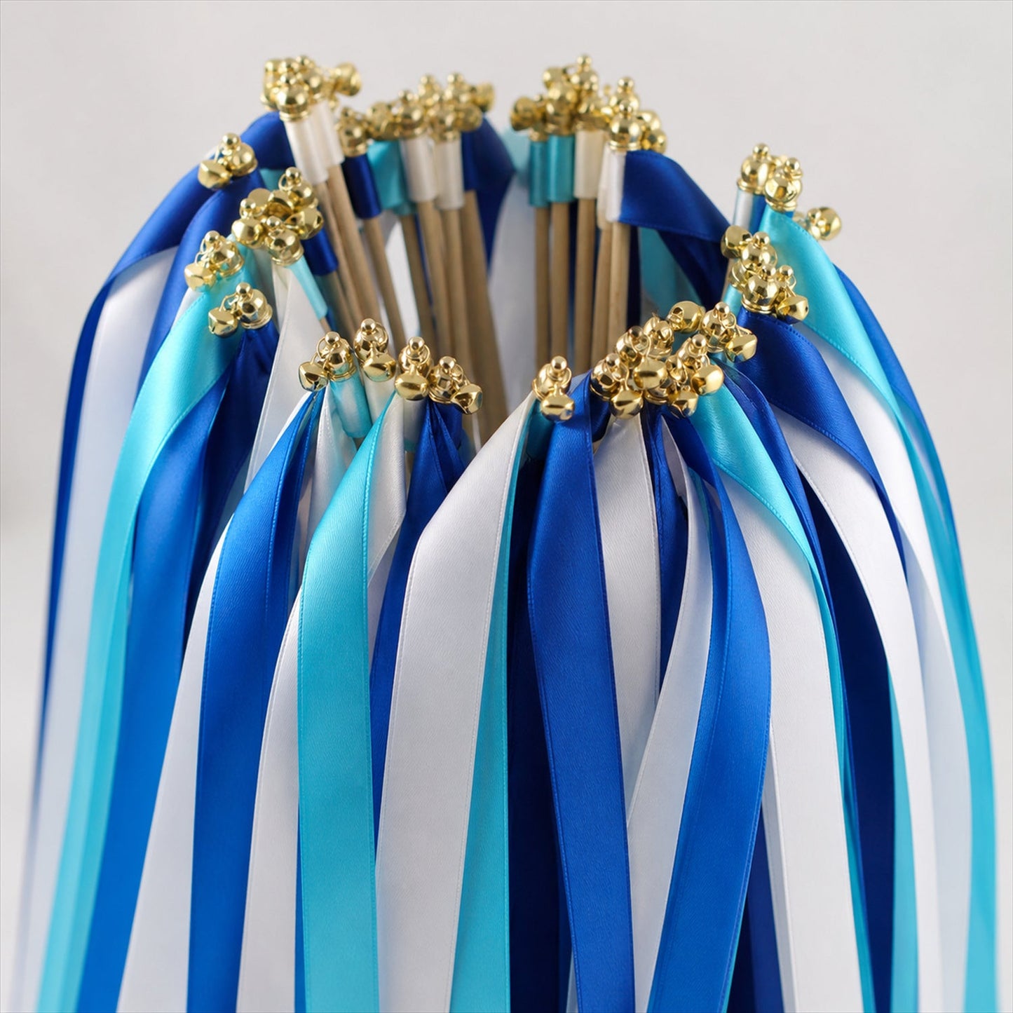 Handmade Royal Blue, Sky Blue & White Satin Wedding Ribbon Wands with Bell