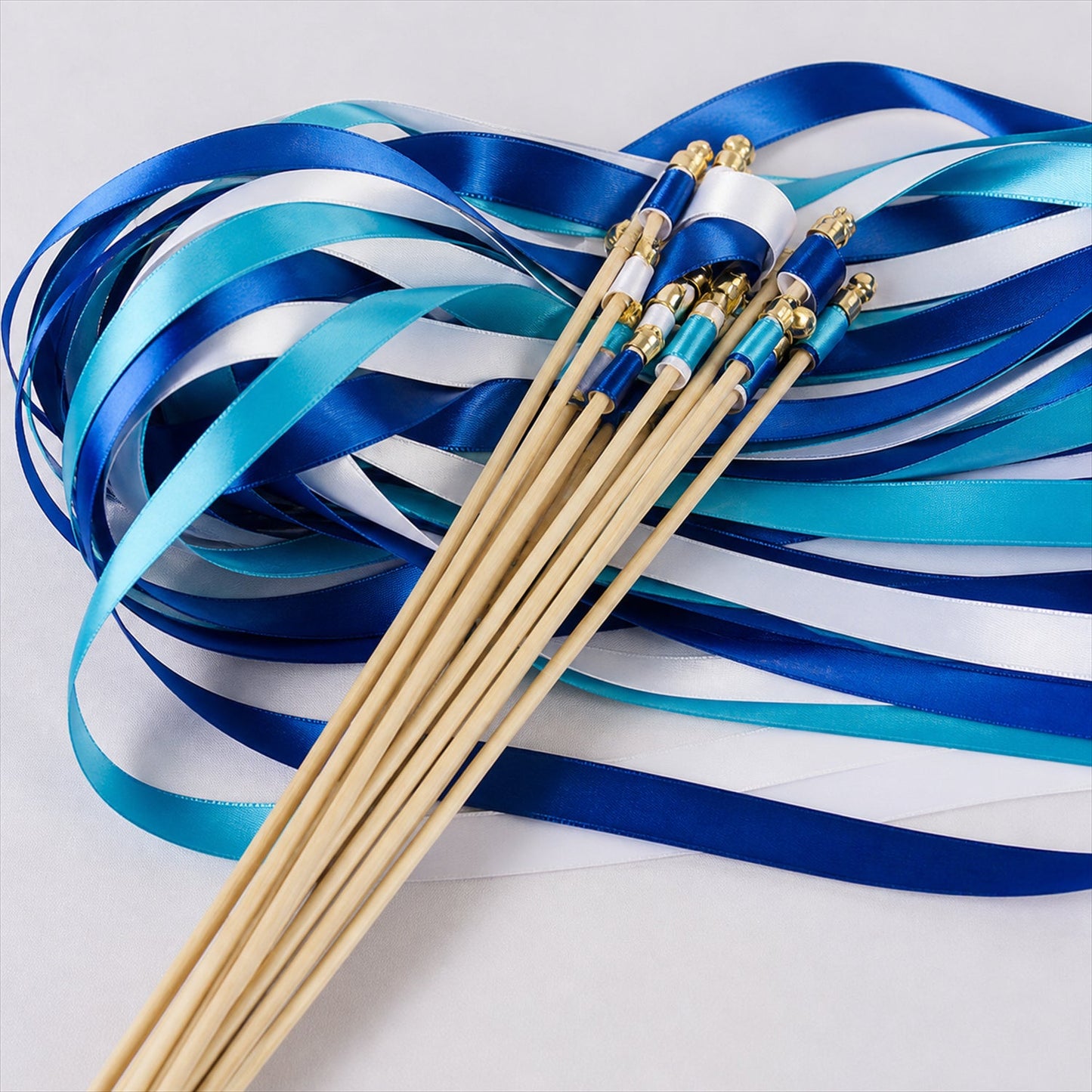 Handmade Royal Blue, Sky Blue & White Satin Wedding Ribbon Wands with Bell