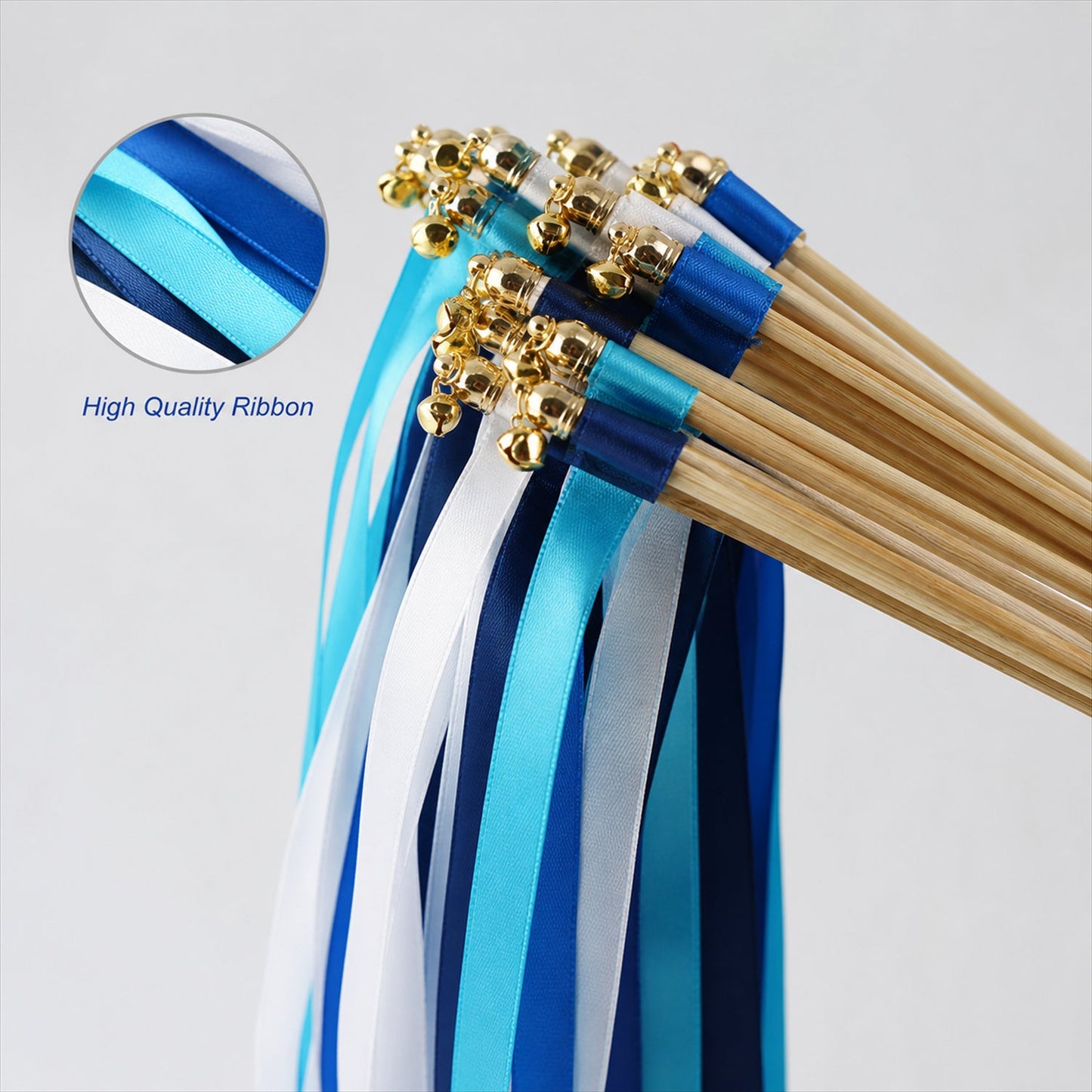 Handmade Royal Blue, Sky Blue & White Satin Wedding Ribbon Wands with Bell