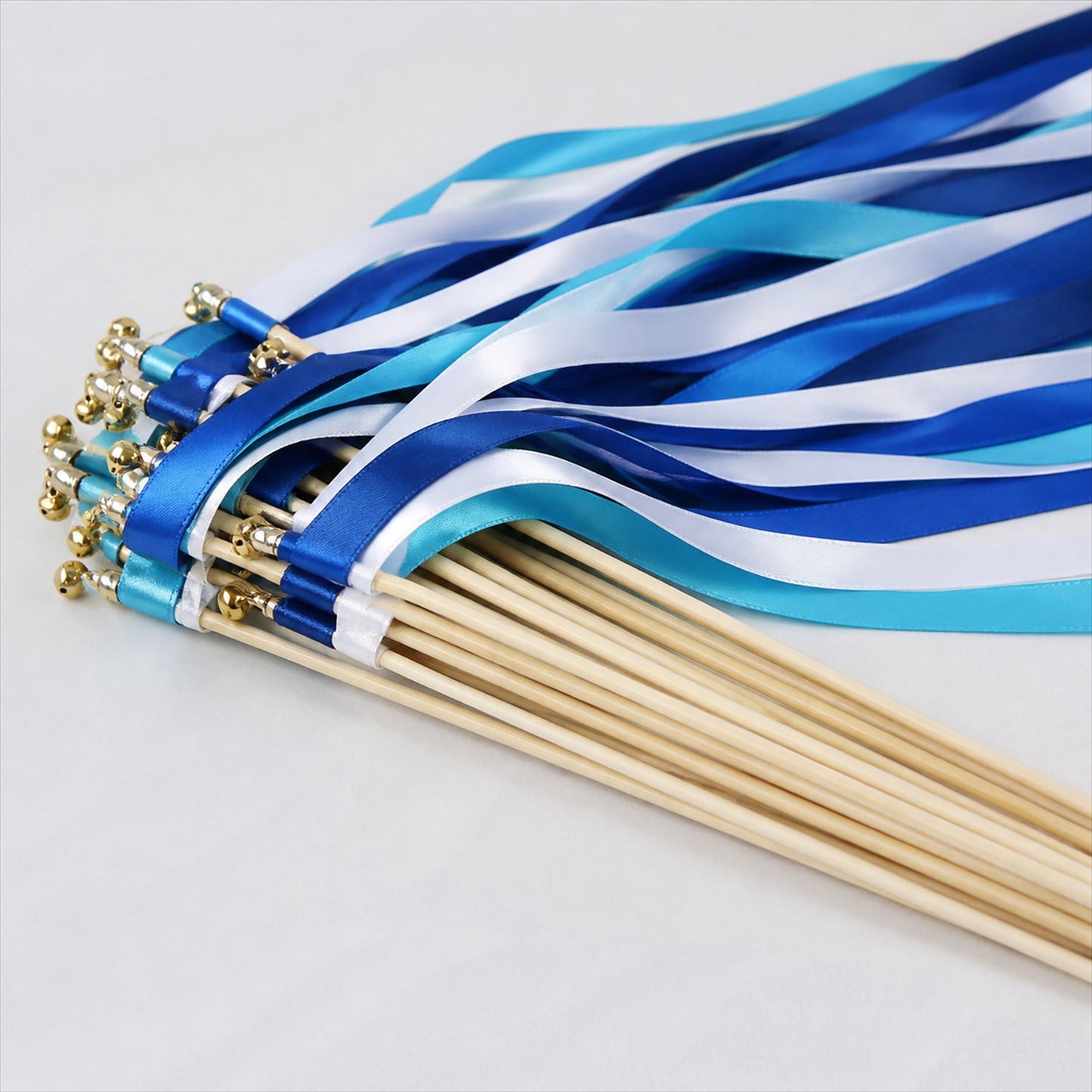 Handmade Royal Blue, Sky Blue & White Satin Wedding Ribbon Wands with Bell