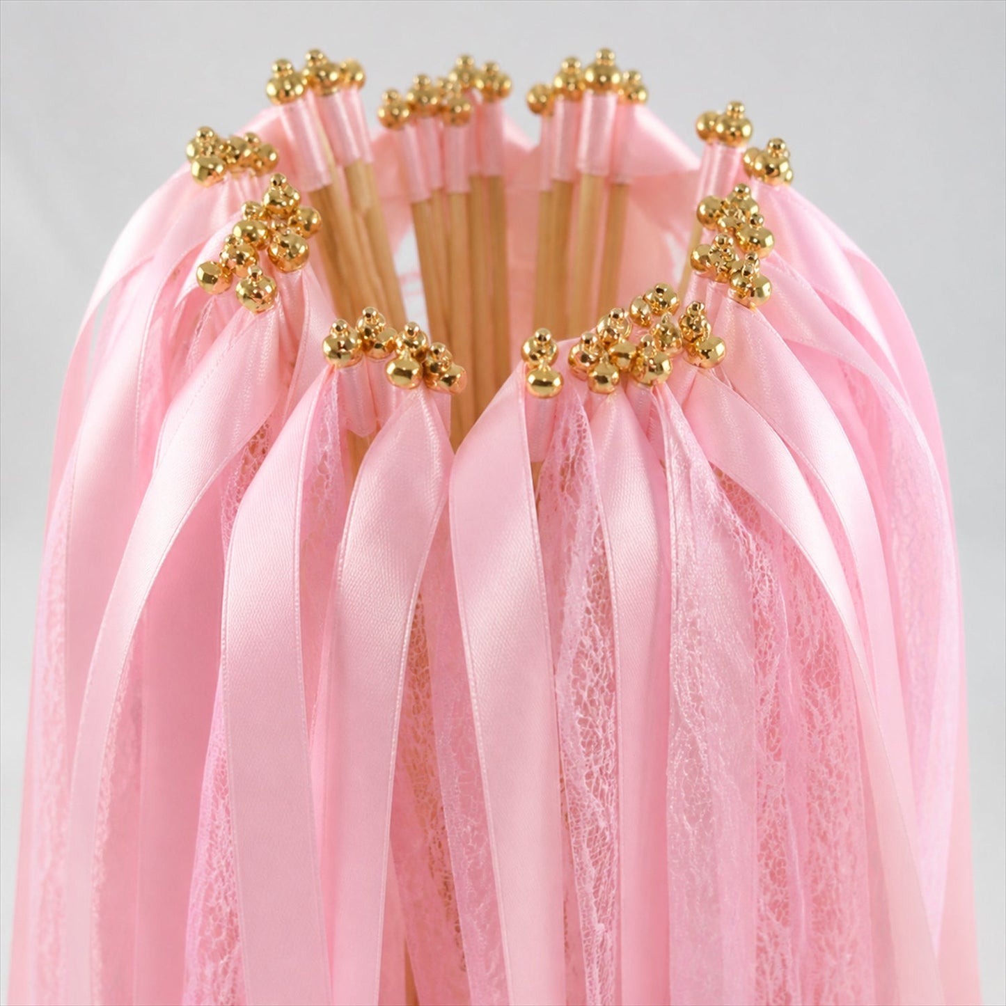 Handmade Pink, Blush Satin & Lace Wedding Ribbon Wands with Bell