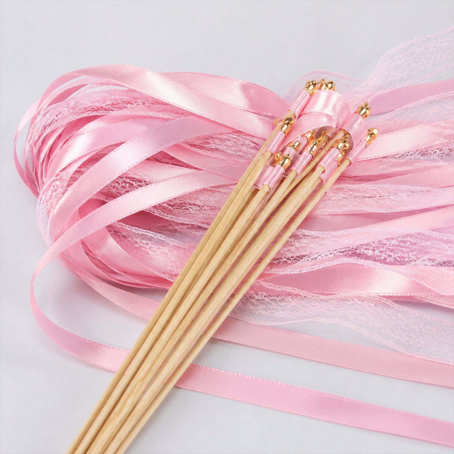 Handmade Pink, Blush Satin & Lace Wedding Ribbon Wands with Bell