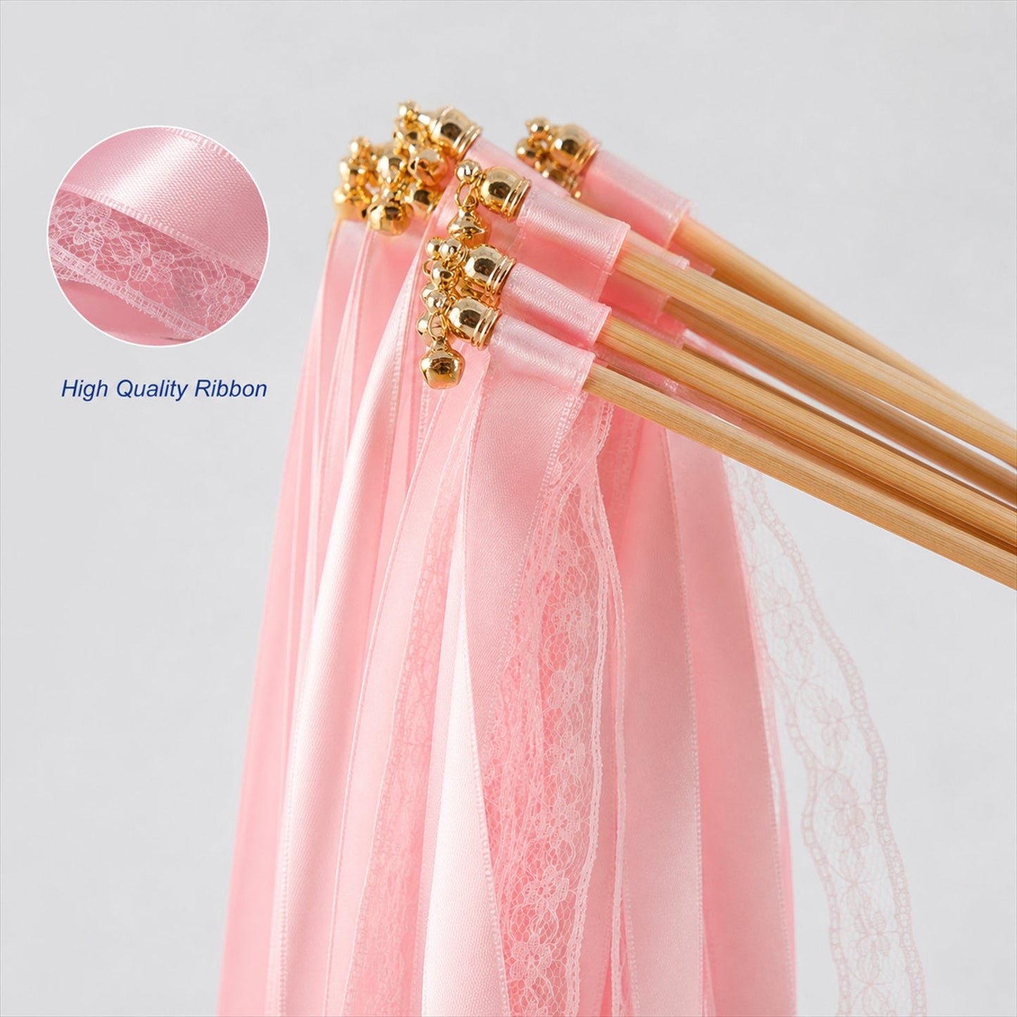 Handmade Pink, Blush Satin & Lace Wedding Ribbon Wands with Bell