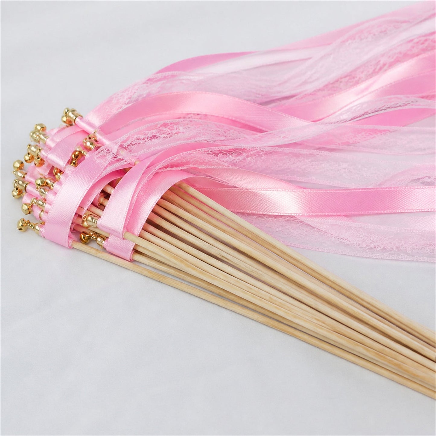 Handmade Pink, Blush Satin & Lace Wedding Ribbon Wands with Bell