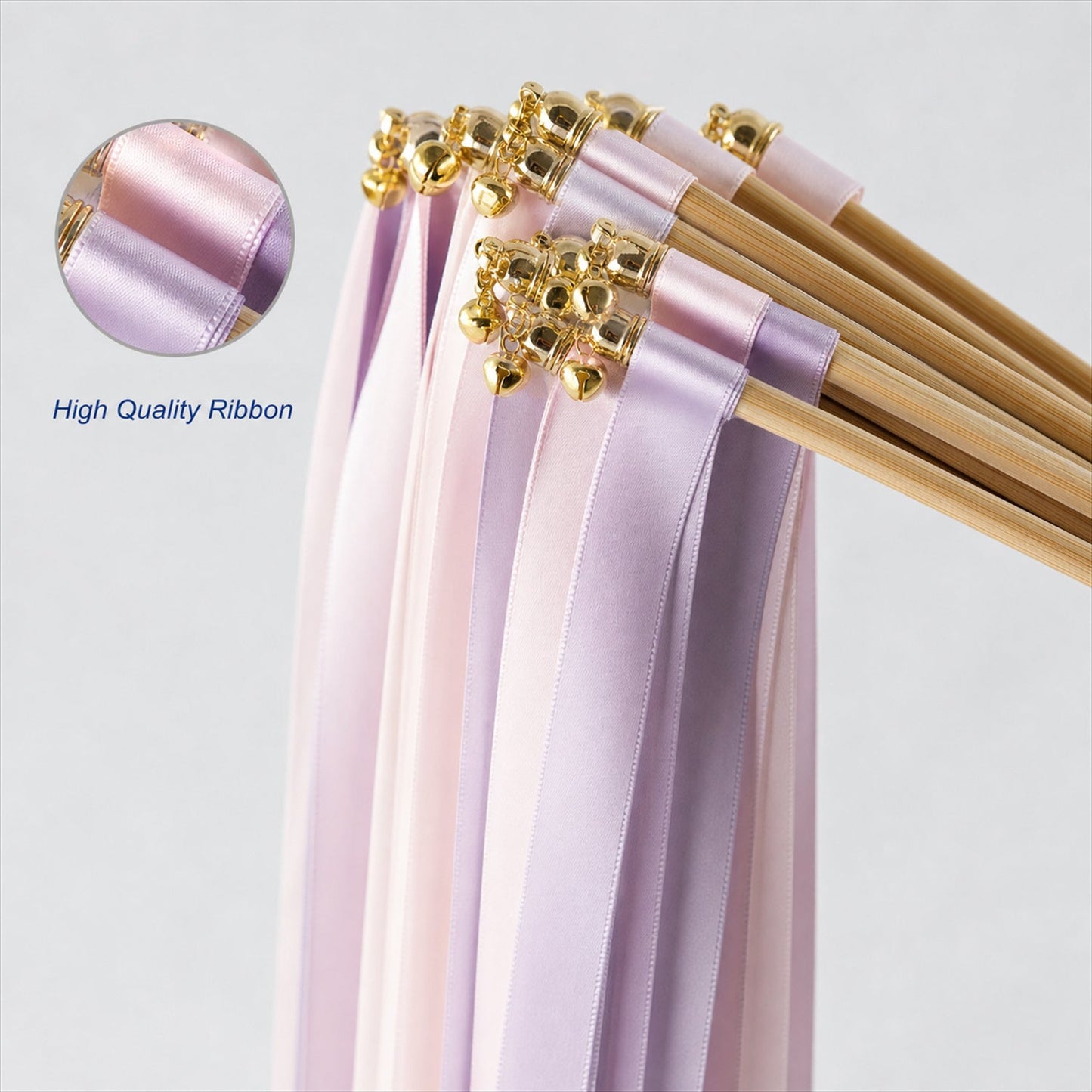 Handmade Blush, Lilac Satin Wedding Ribbon Wands with Bell