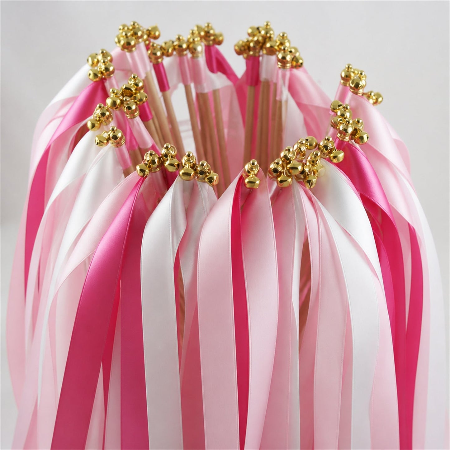 Handmade Rose Pink, Blush & White Satin Wedding Ribbon Wands with Bell