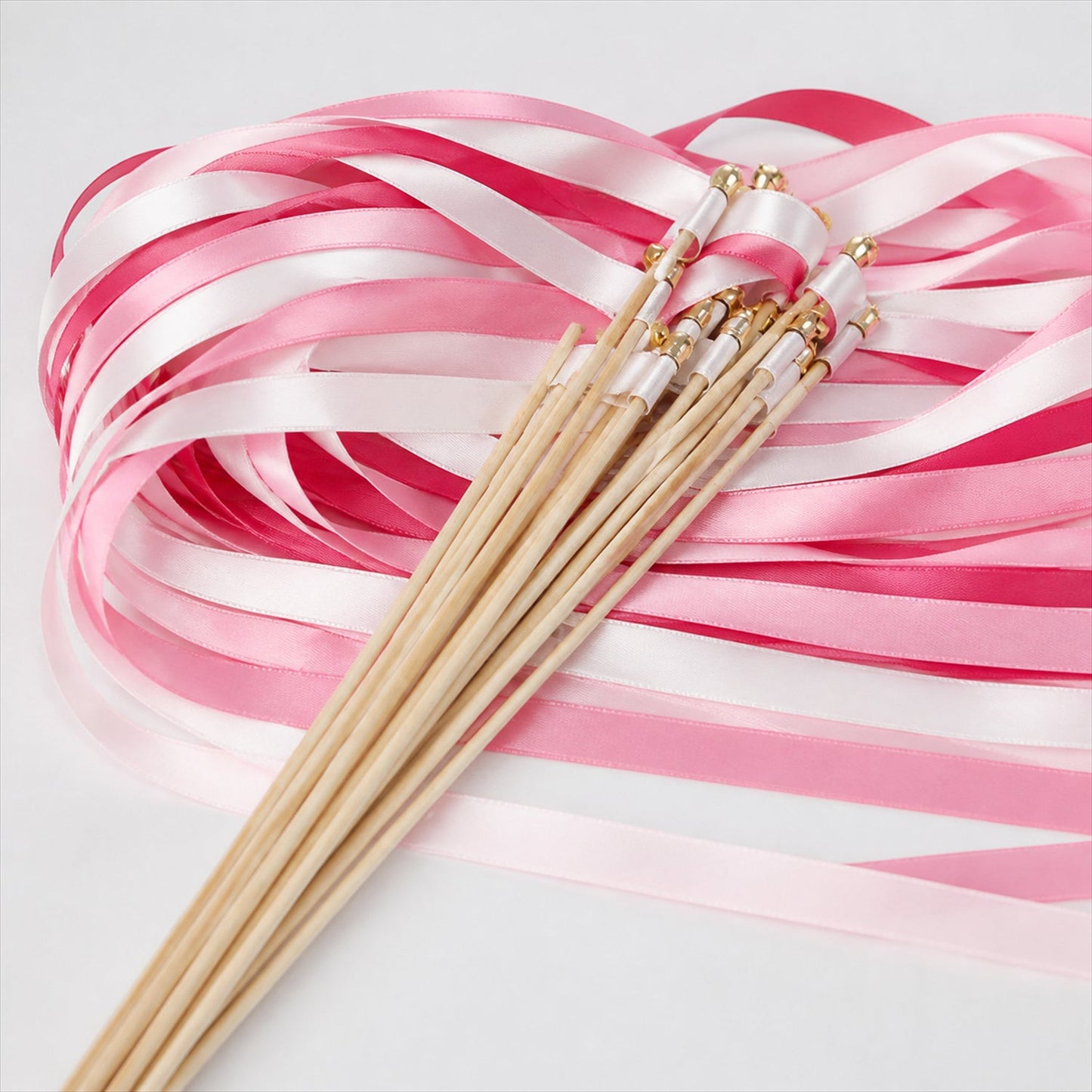 Handmade Rose Pink, Blush & White Satin Wedding Ribbon Wands with Bell