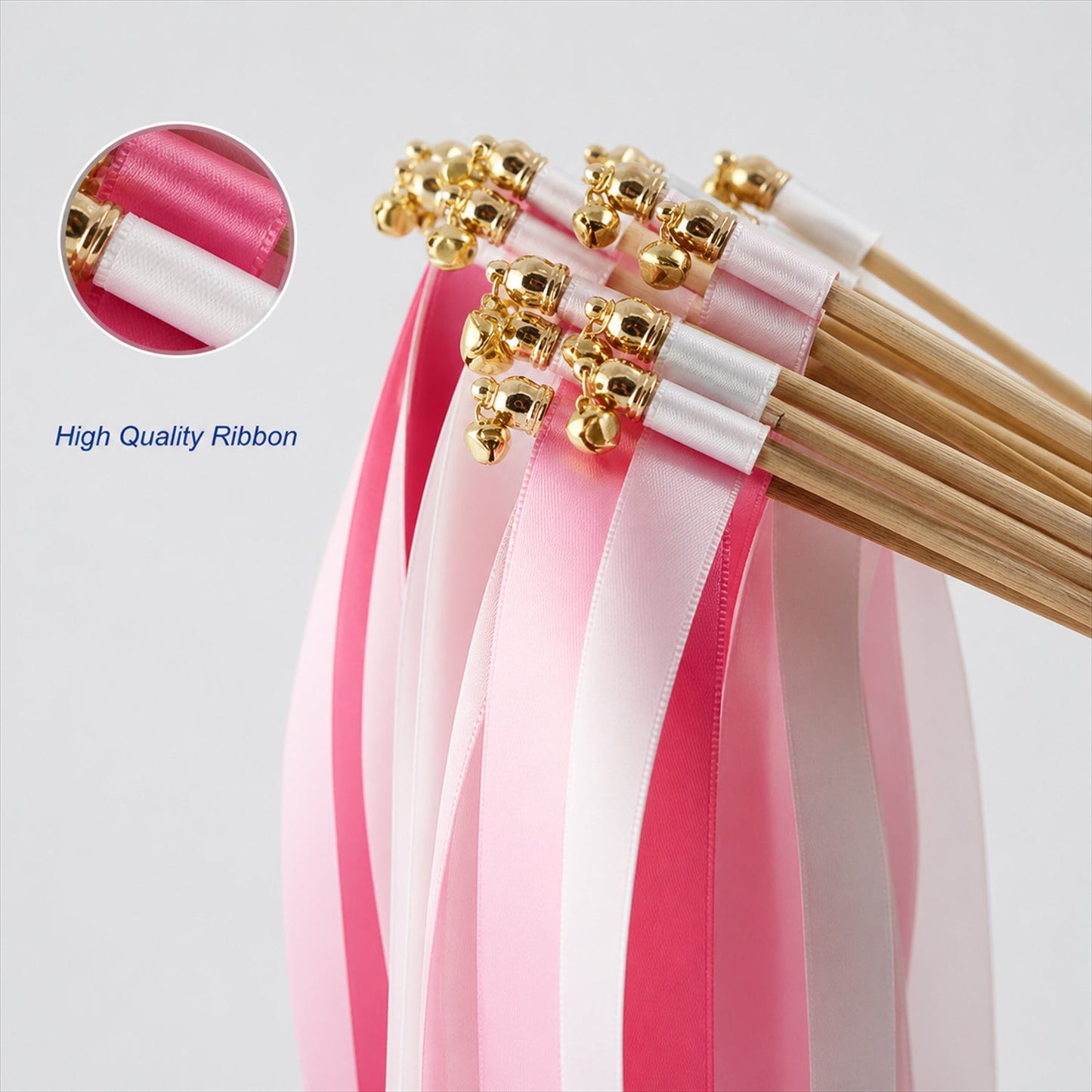 Handmade Rose Pink, Blush & White Satin Wedding Ribbon Wands with Bell