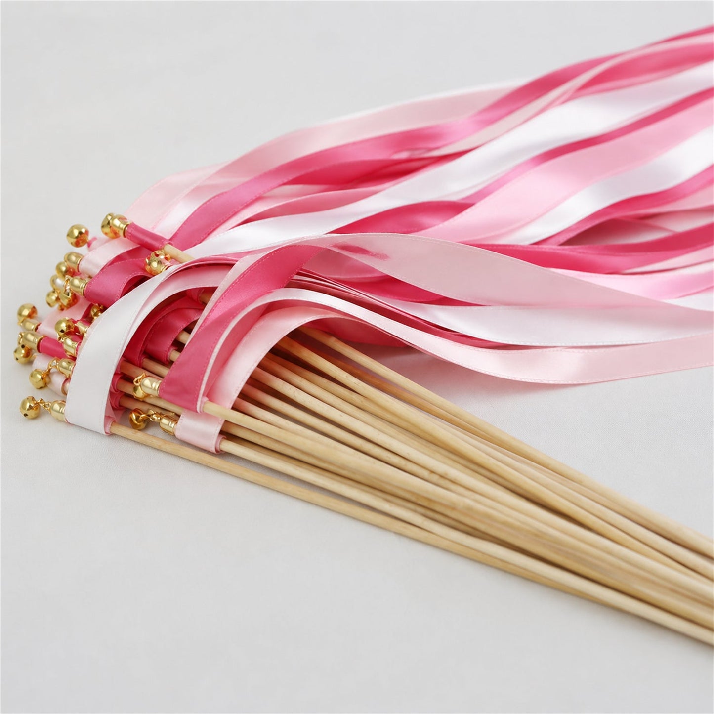 Handmade Rose Pink, Blush & White Satin Wedding Ribbon Wands with Bell
