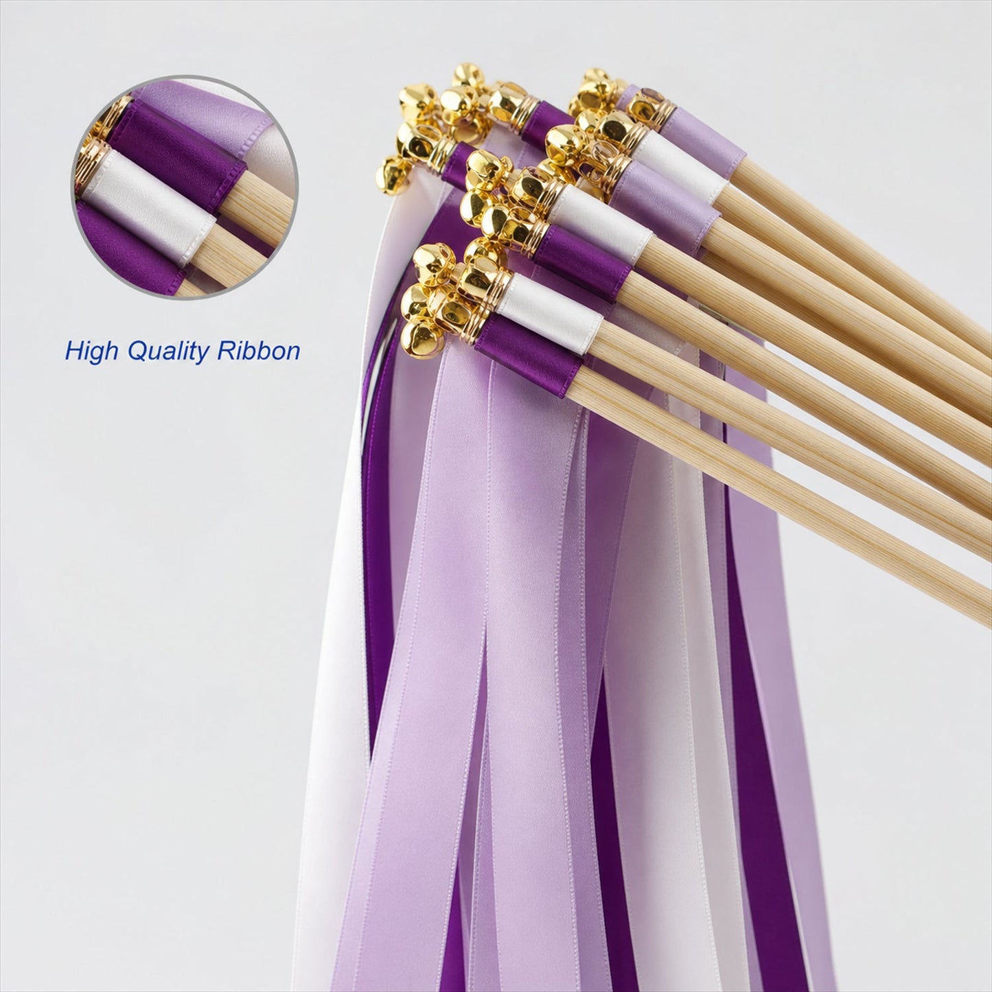 Handmade Purple, Lavender & White Satin Wedding Ribbon Wands with Bell