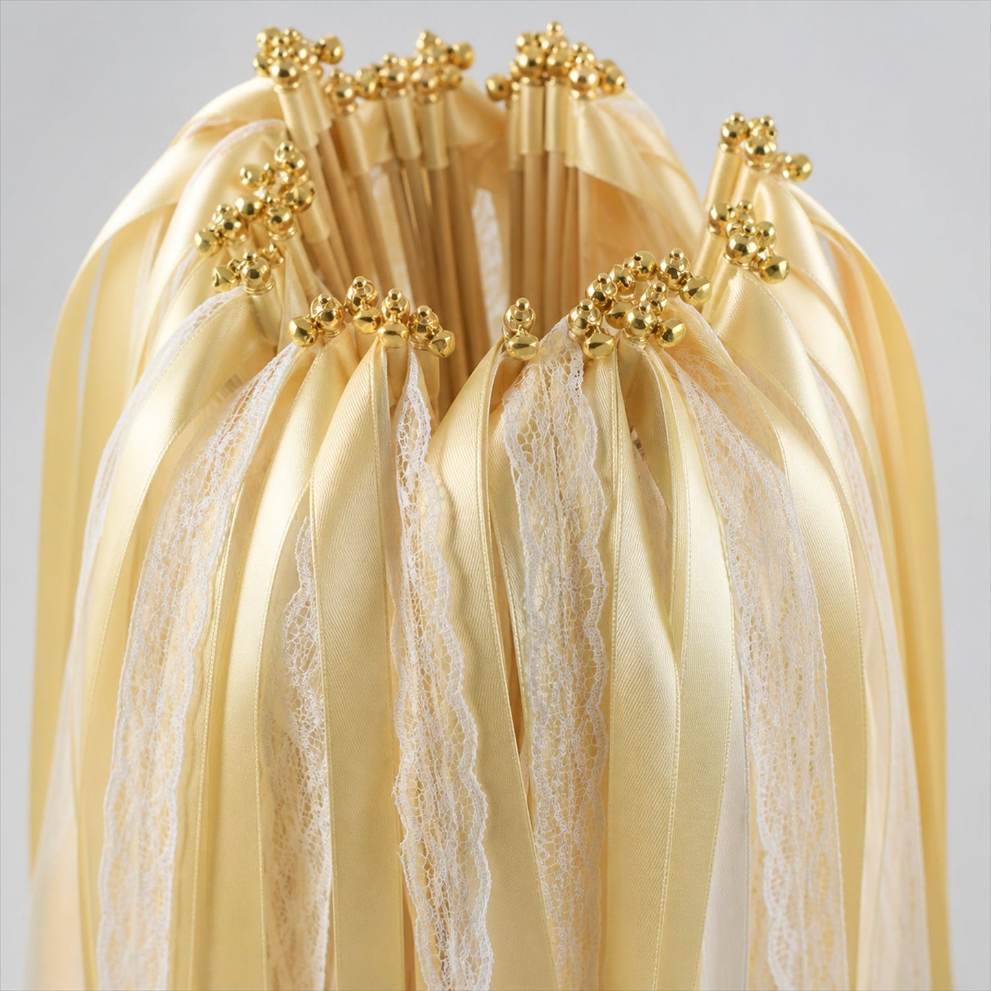 Handmade Butter Yellow, Ivory & White Satin & Lace Wedding Ribbon Wands with Bell
