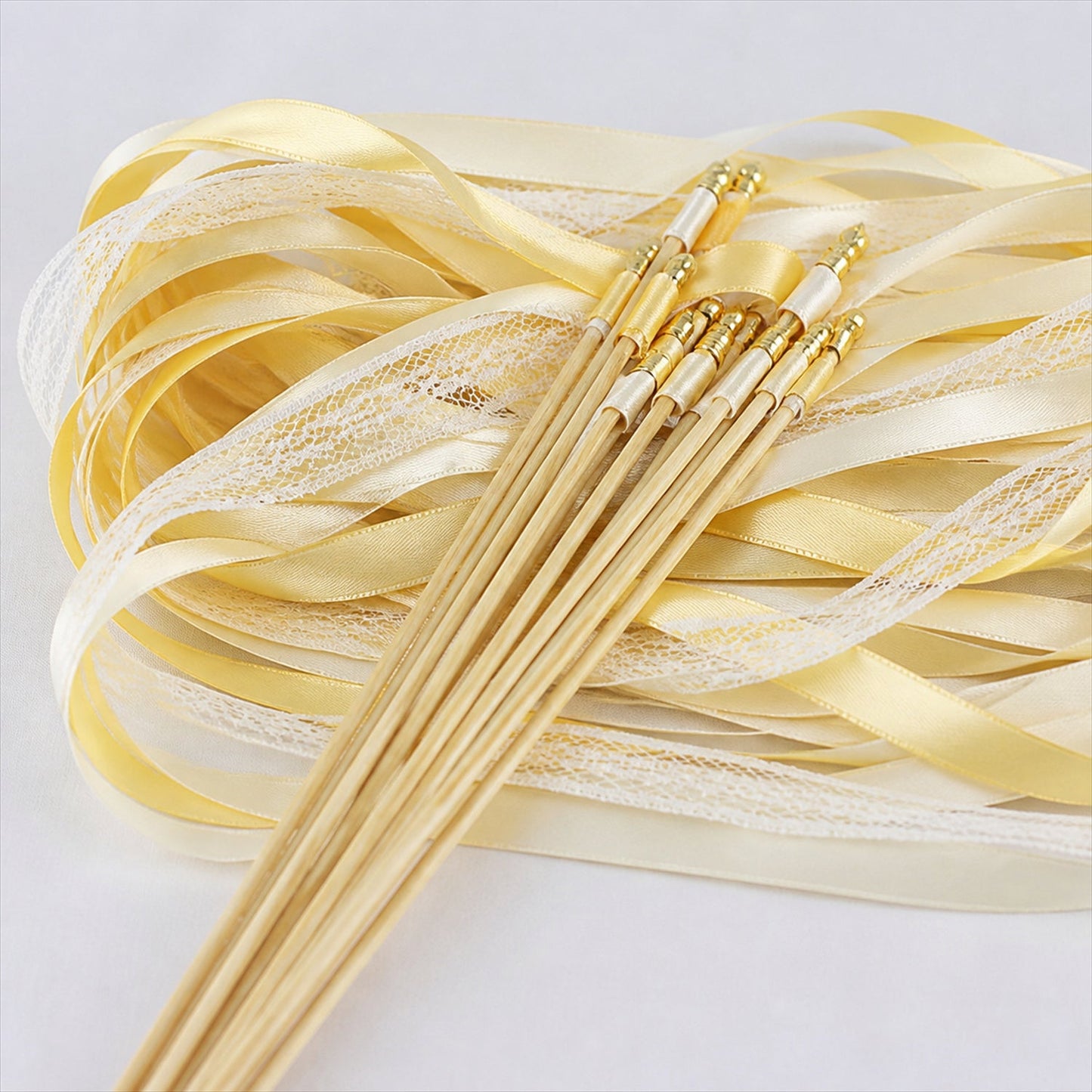Handmade Butter Yellow, Ivory & White Satin & Lace Wedding Ribbon Wands with Bell