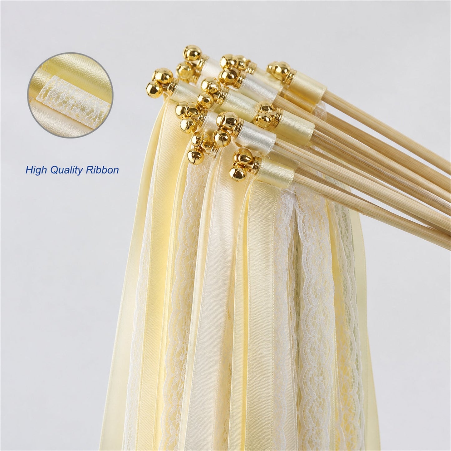 Handmade Butter Yellow, Ivory & White Satin & Lace Wedding Ribbon Wands with Bell