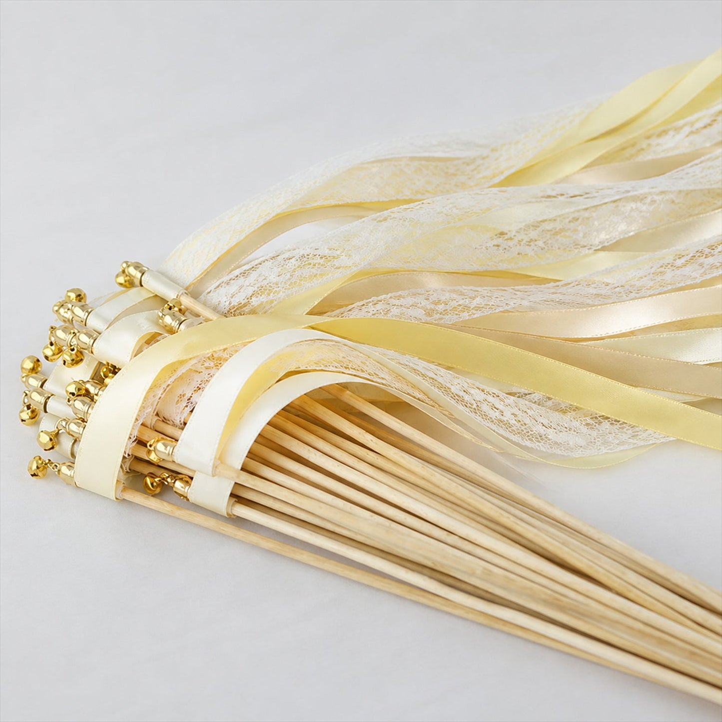 Handmade Butter Yellow, Ivory & White Satin & Lace Wedding Ribbon Wands with Bell