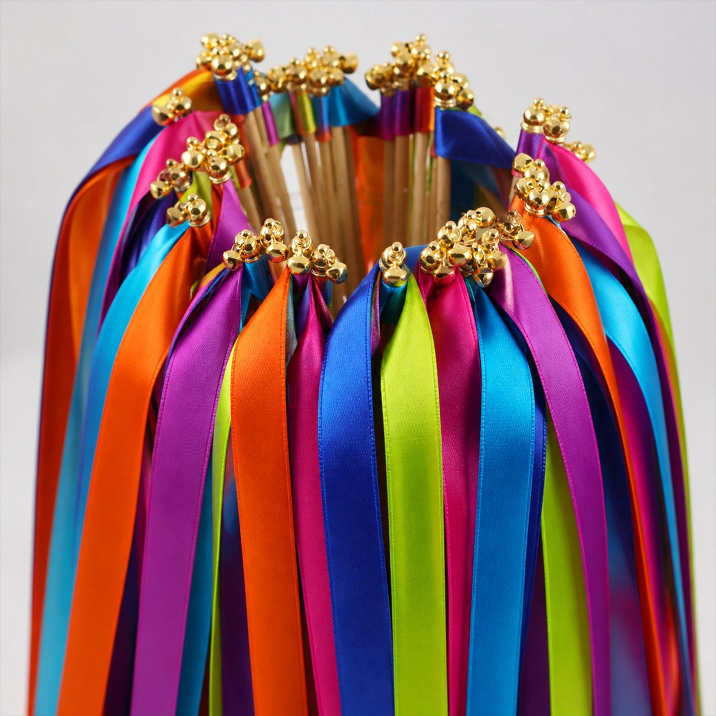 Handmade Rainbow Multicolor Satin Wedding Ribbon Wands with Bell