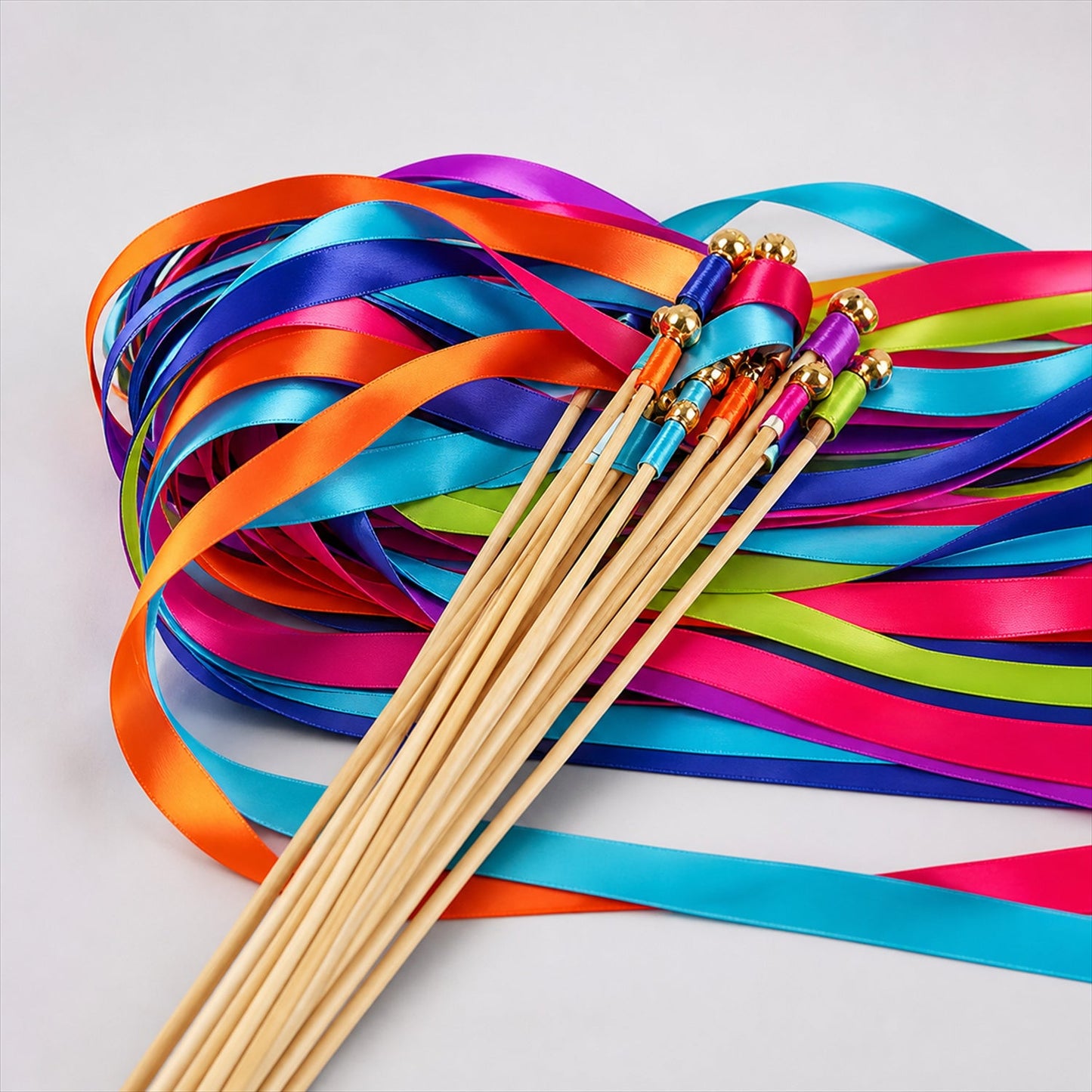Handmade Rainbow Multicolor Satin Wedding Ribbon Wands with Bell