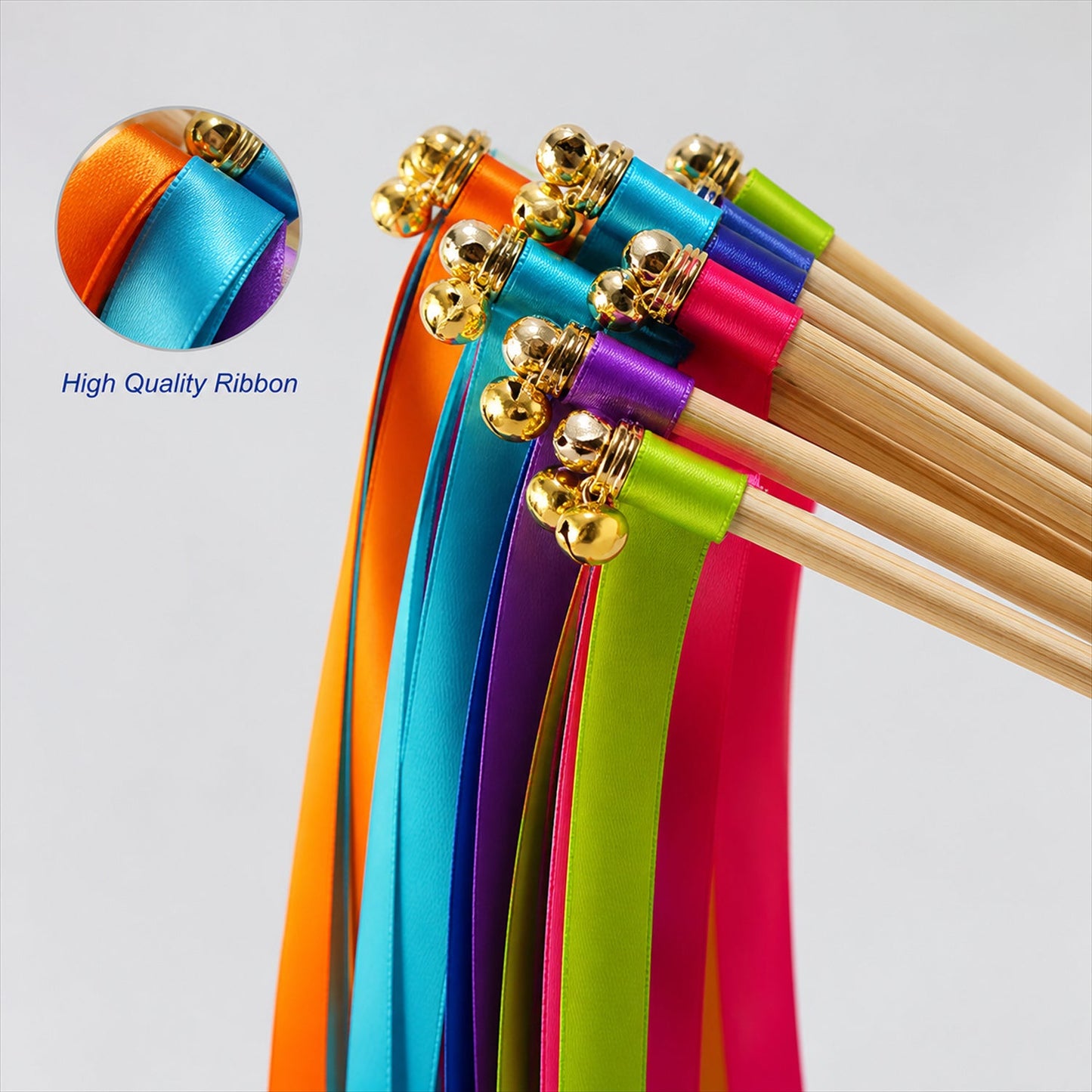 Handmade Rainbow Multicolor Satin Wedding Ribbon Wands with Bell