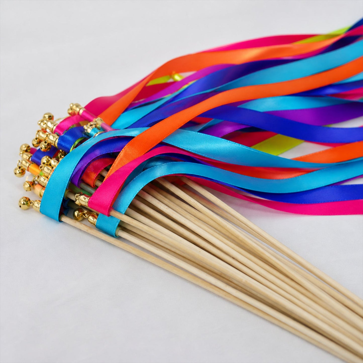 Handmade Rainbow Multicolor Satin Wedding Ribbon Wands with Bell