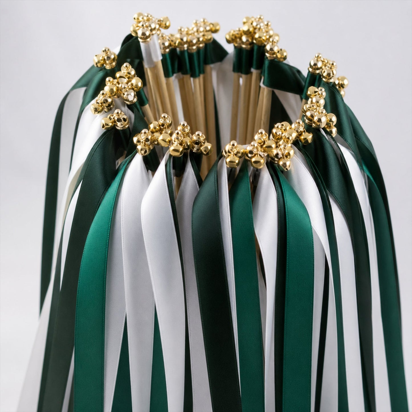 Handmade Forest Green & White Satin Wedding Ribbon Wands with Bell