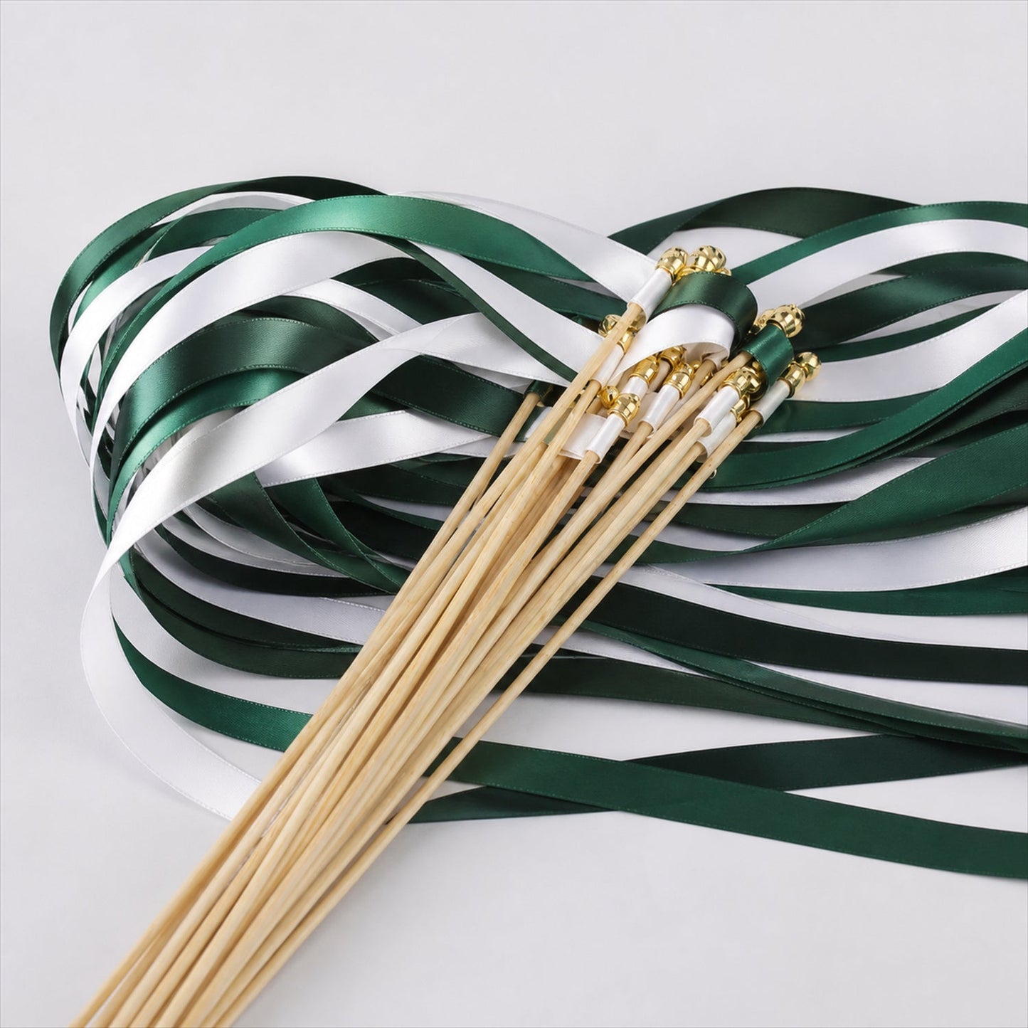Handmade Forest Green & White Satin Wedding Ribbon Wands with Bell