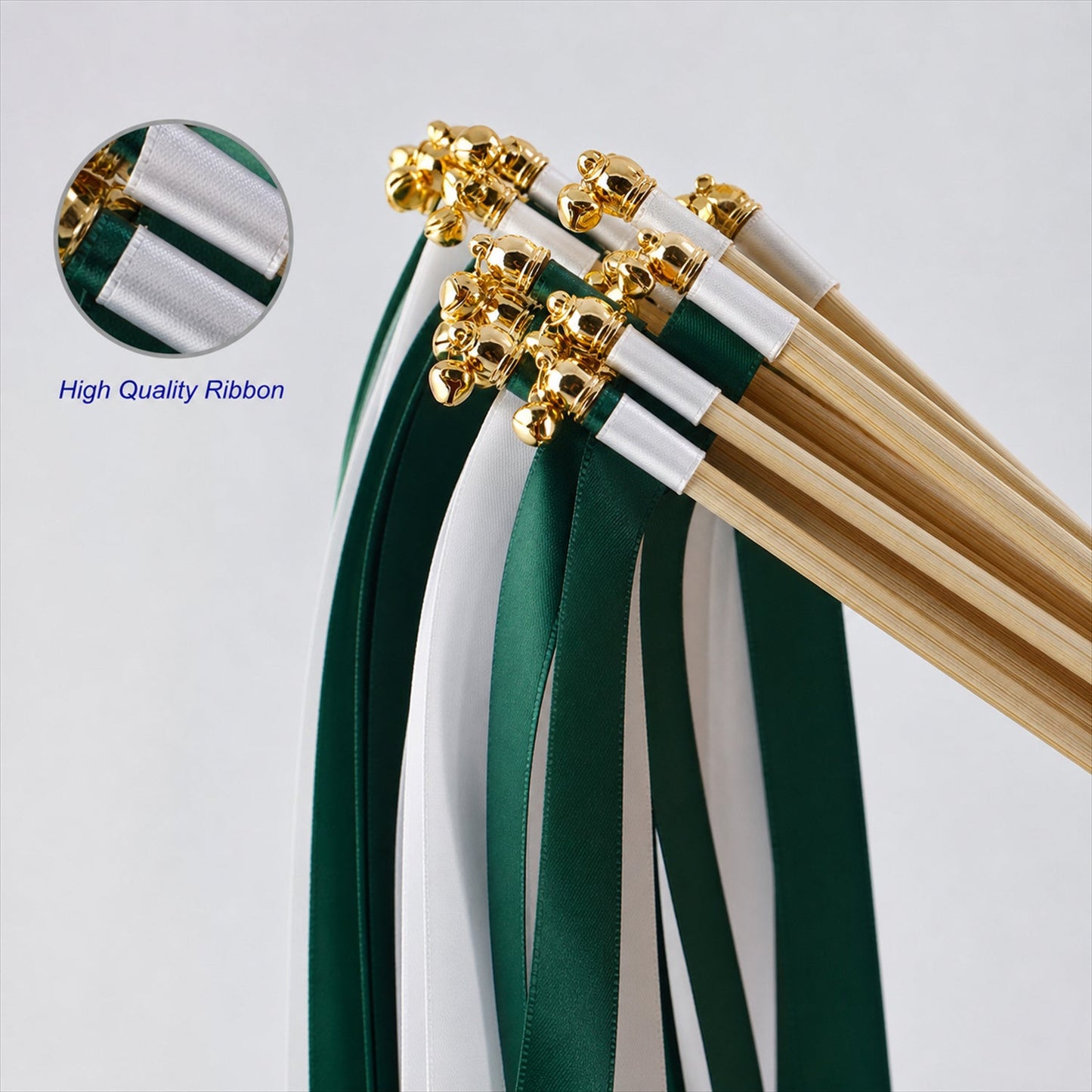 Handmade Forest Green & White Satin Wedding Ribbon Wands with Bell