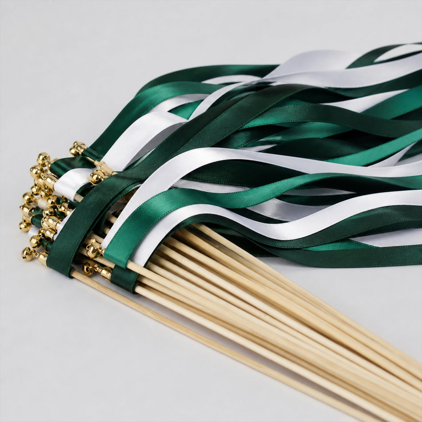 Handmade Forest Green & White Satin Wedding Ribbon Wands with Bell