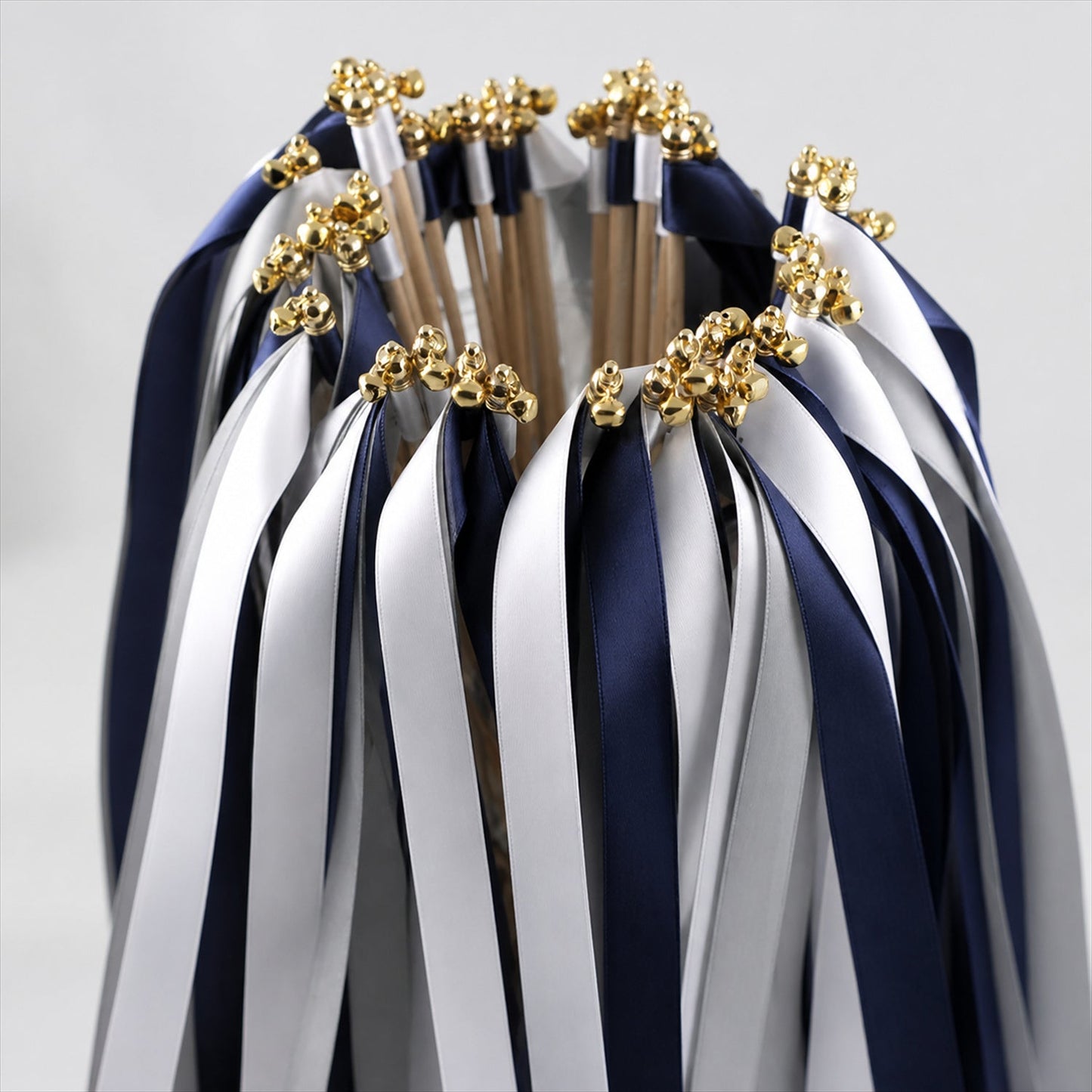 Handmade Navy, White & Silver Gray Satin Wedding Ribbon Wands with Bell