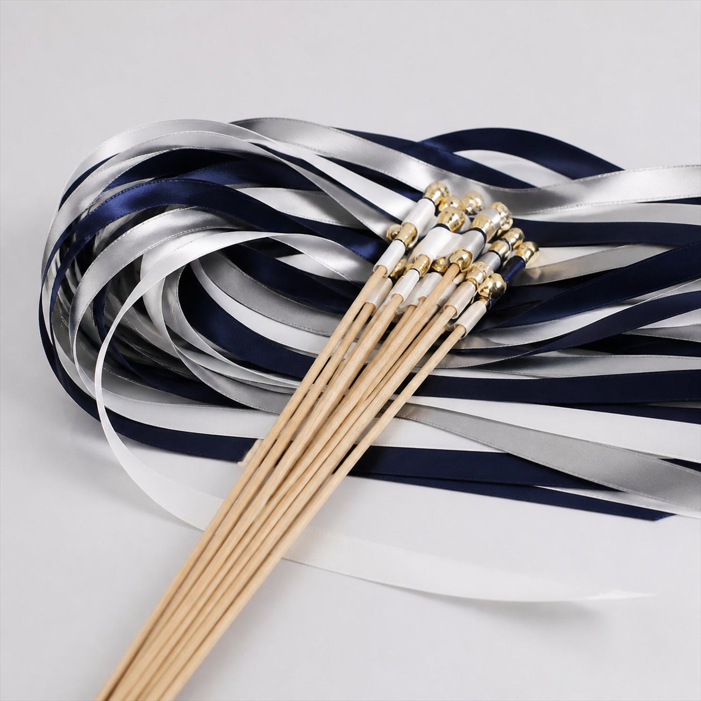 Handmade Navy, White & Silver Gray Satin Wedding Ribbon Wands with Bell