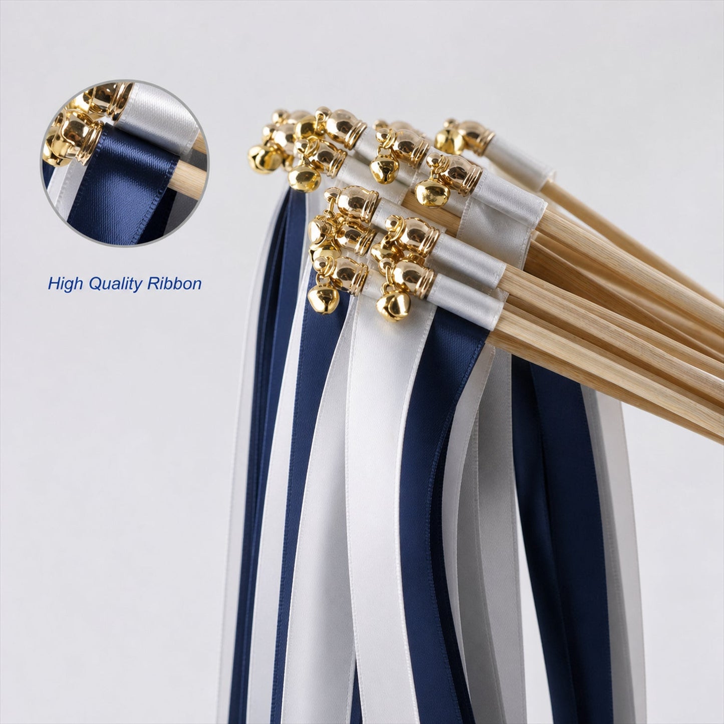 Handmade Navy, White & Silver Gray Satin Wedding Ribbon Wands with Bell