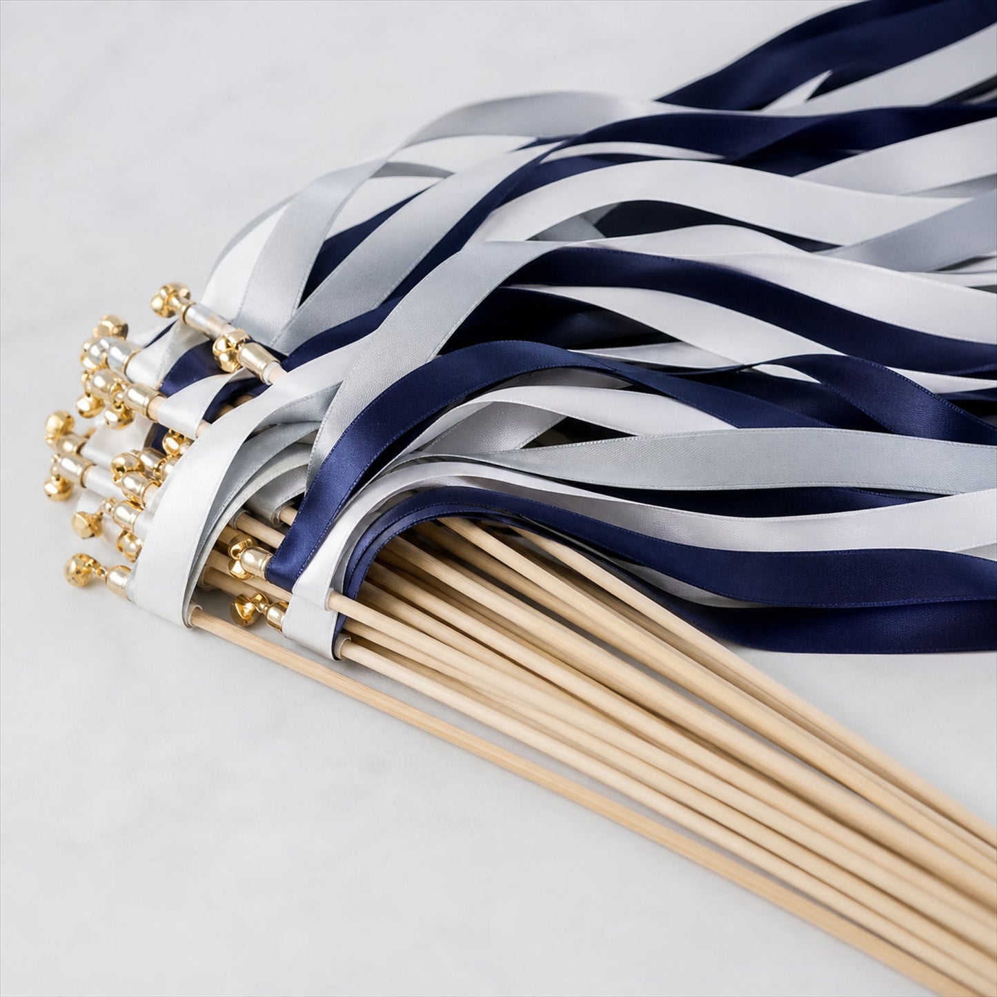 Handmade Navy, White & Silver Gray Satin Wedding Ribbon Wands with Bell