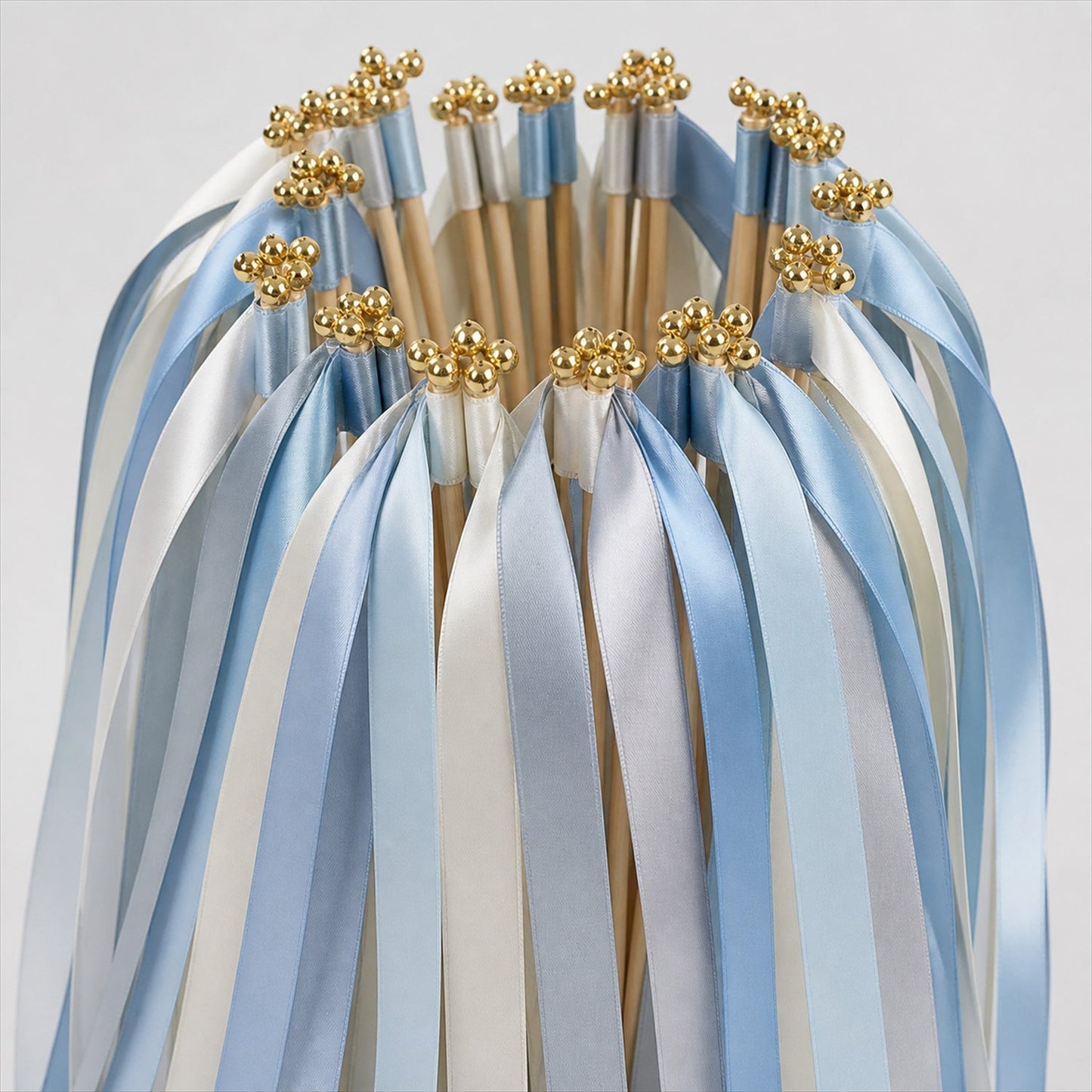 Handmade Powder Blue, Silver Gray & White Satin Wedding Ribbon Wands with Bell