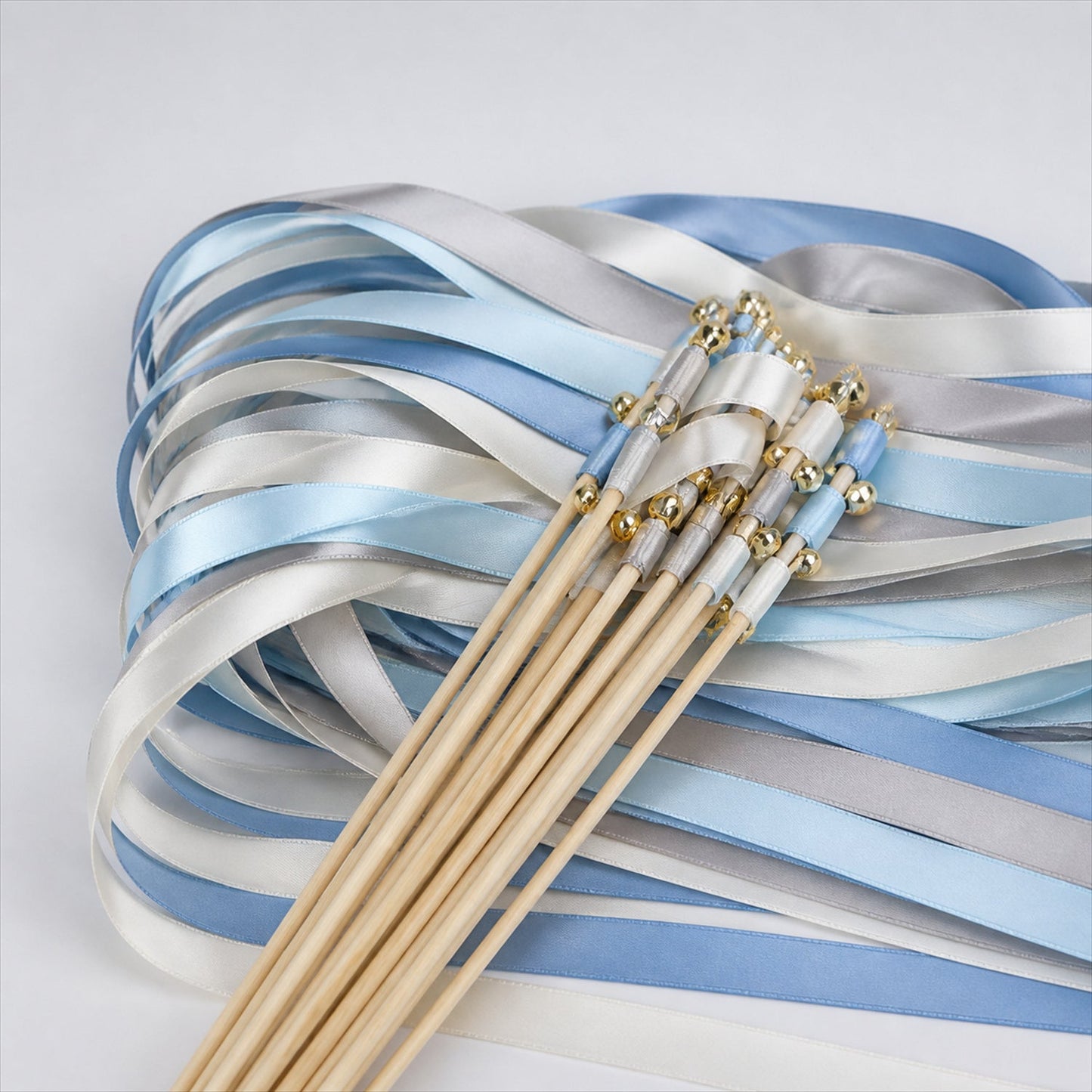 Handmade Powder Blue, Silver Gray & White Satin Wedding Ribbon Wands with Bell