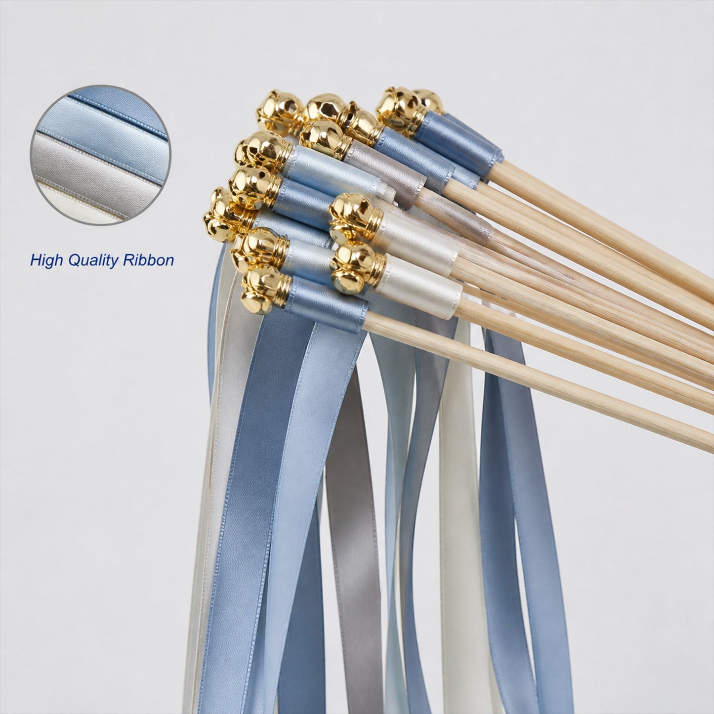 Handmade Powder Blue, Silver Gray & White Satin Wedding Ribbon Wands with Bell