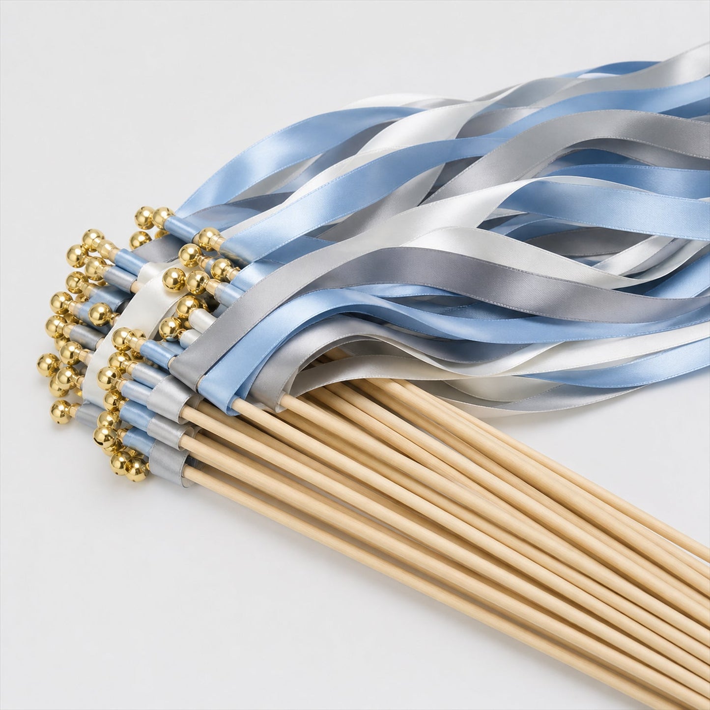 Handmade Powder Blue, Silver Gray & White Satin Wedding Ribbon Wands with Bell