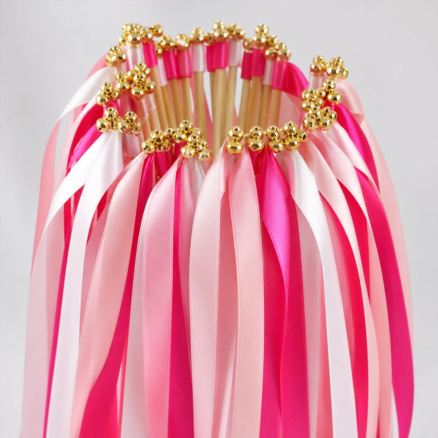Handmade Fuchsia, Blush & White Satin Wedding Ribbon Wands with Bell